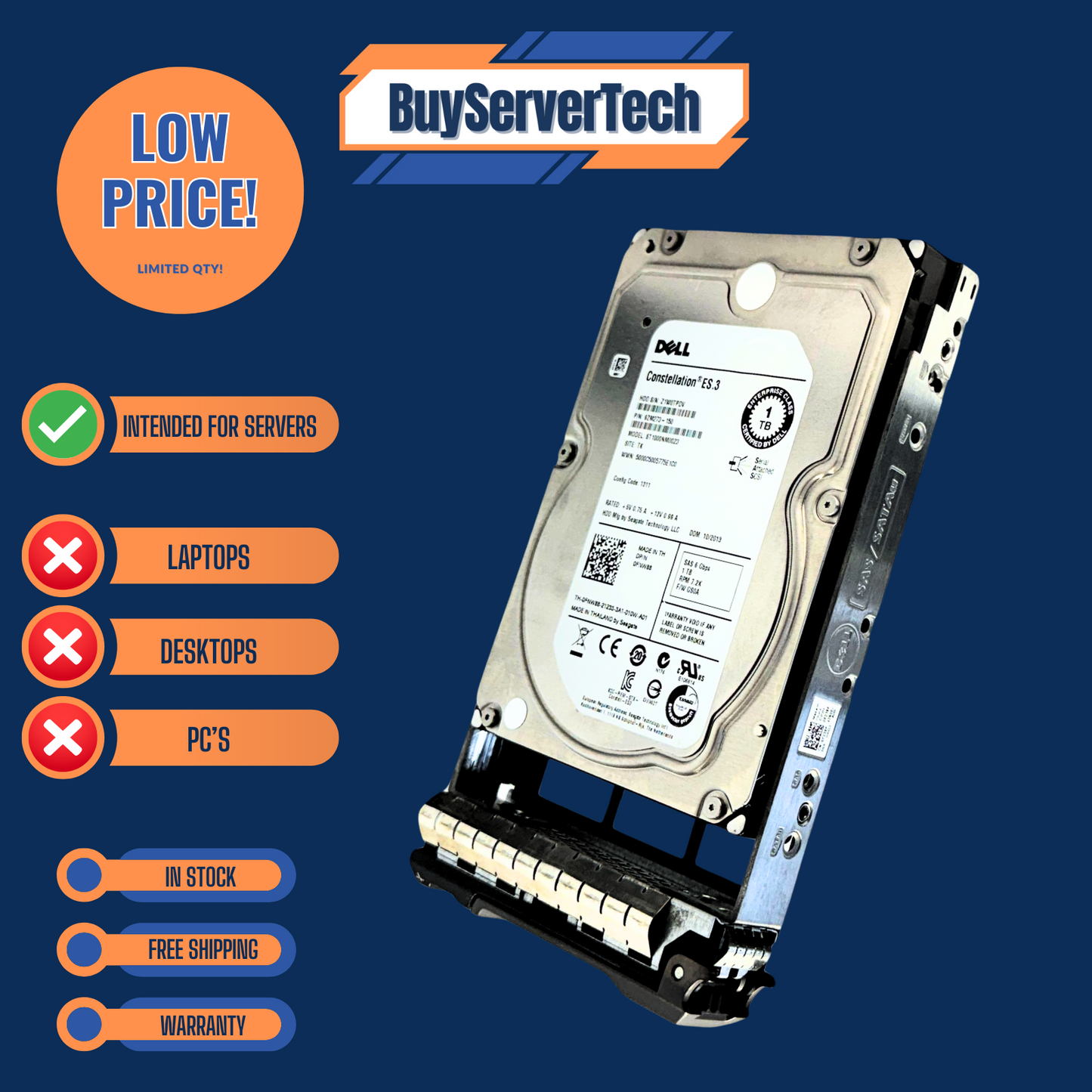 Dell FNW88 1TB 7.2K 3.5" SAS 6Gb/s HDD ST1000NM0023 w/Tray | Zero Hours | 1YR
