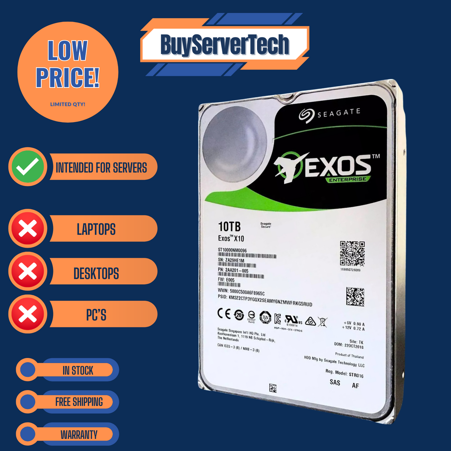 Seagate Exos ST10000NM0096 10TB 7200RPM 12Gb/s 256MB 3.5" SAS Enterprise HDD