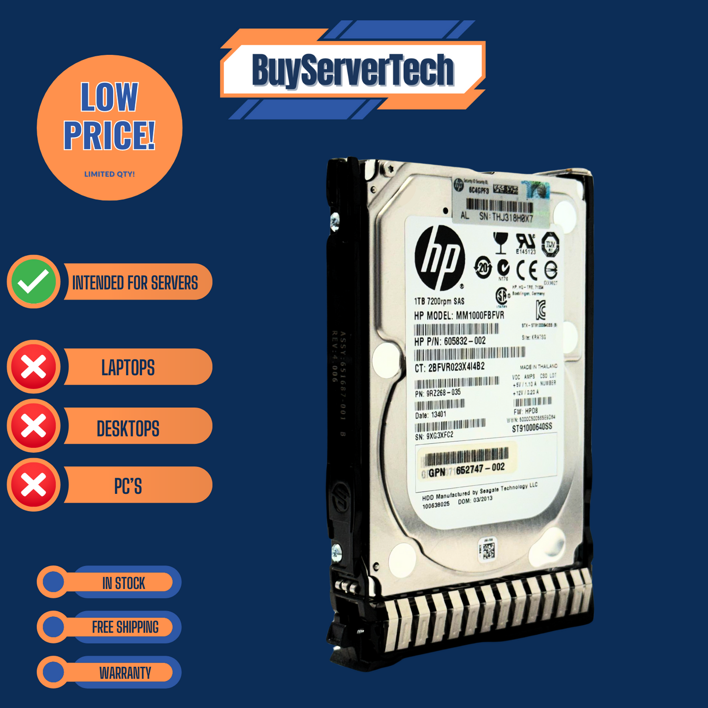 HP 1TB 6G SAS 7.2K SFF SC MDL G8 G9 HDD 652749-B21 653954-001 2.5 drive W/ Tray