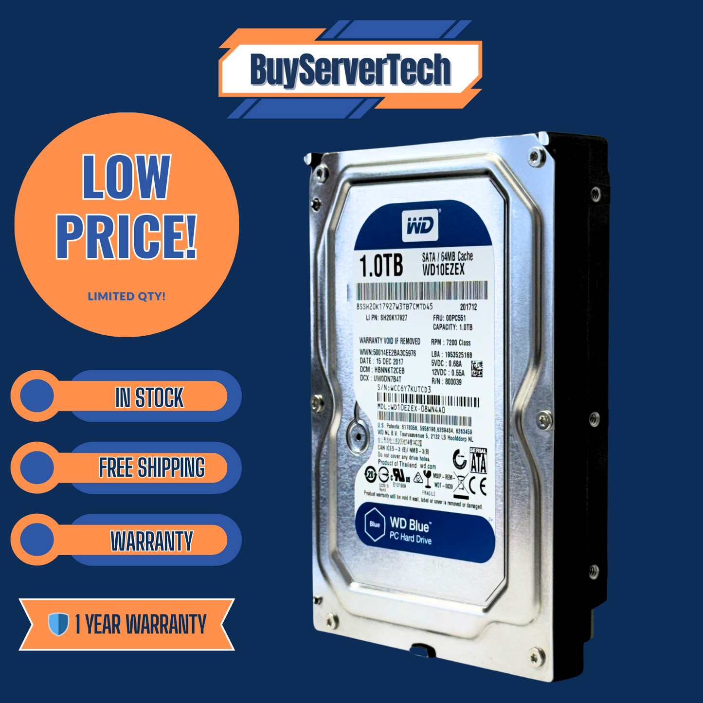 Western Digital WD10EZEX 1TB 7200RPM SATA 6Gb/s 64MB 3.5" HDD | Windows HD | 1YR