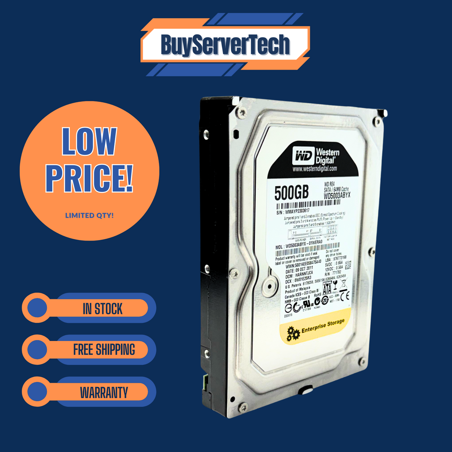 Western Digital RE4 WD5003ABYX 500GB 7.2K 3.5" SATA 3Gb/s HDD | 64MB | 0 Hours