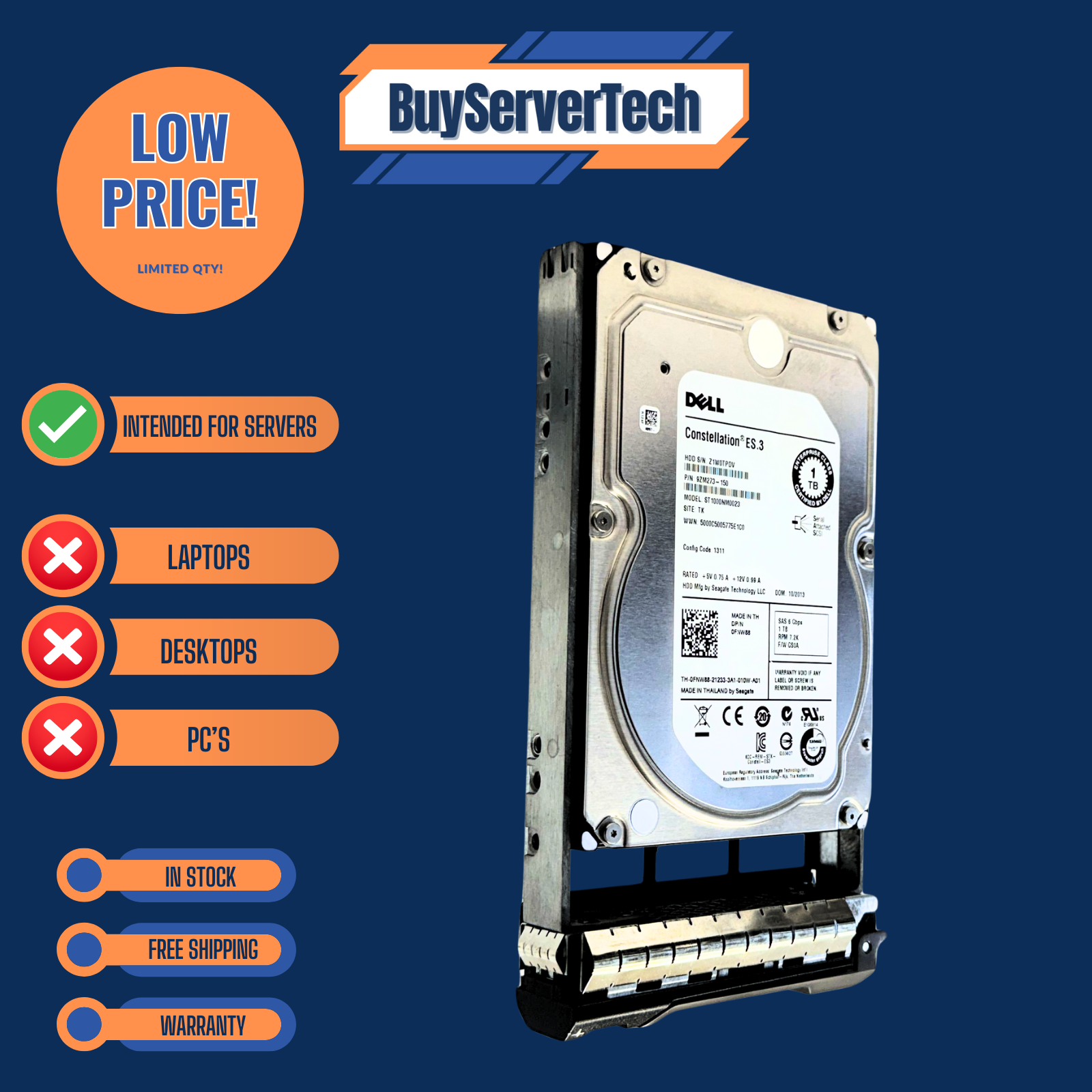 Dell FNW88 1TB 7.2K 3.5" SAS 6Gb/s HDD ST1000NM0023 w/Tray | Zero Hours | 1YR