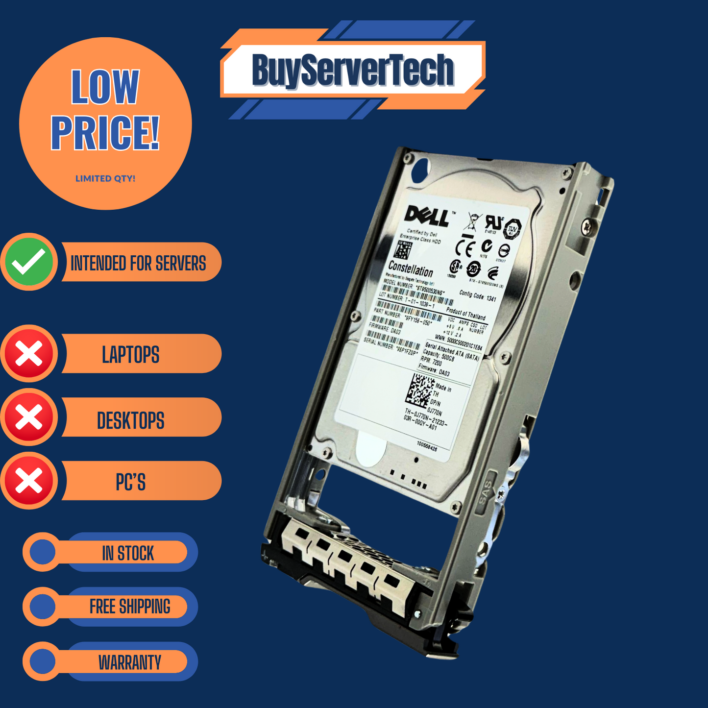 Dell J770N 500GB 7200RPM SATA 3Gbps 2.5" HDD | w/ Caddy | 0Hours 0J770N