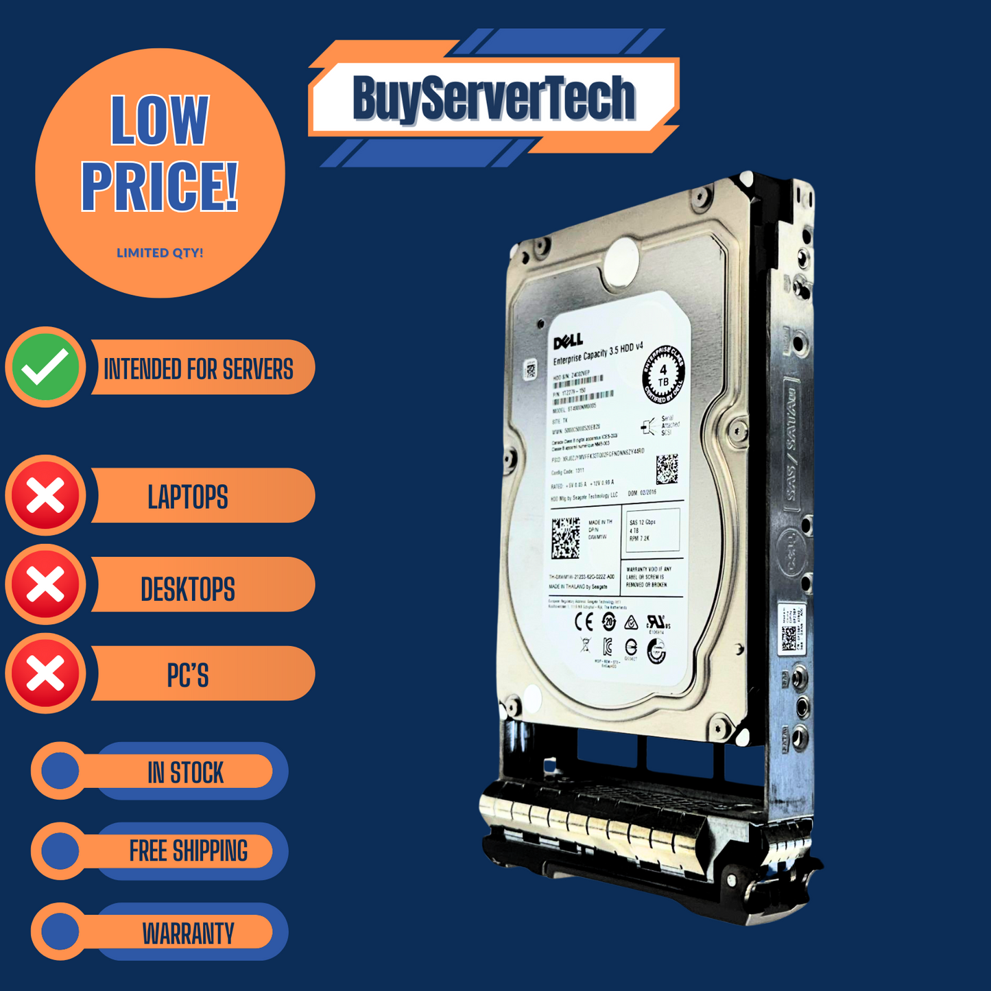 Dell XWM1W 4TB 7200RPM SAS 12Gbps 3.5" HDD | ST4000NM0005 | 0XWM1W - 1 Year War