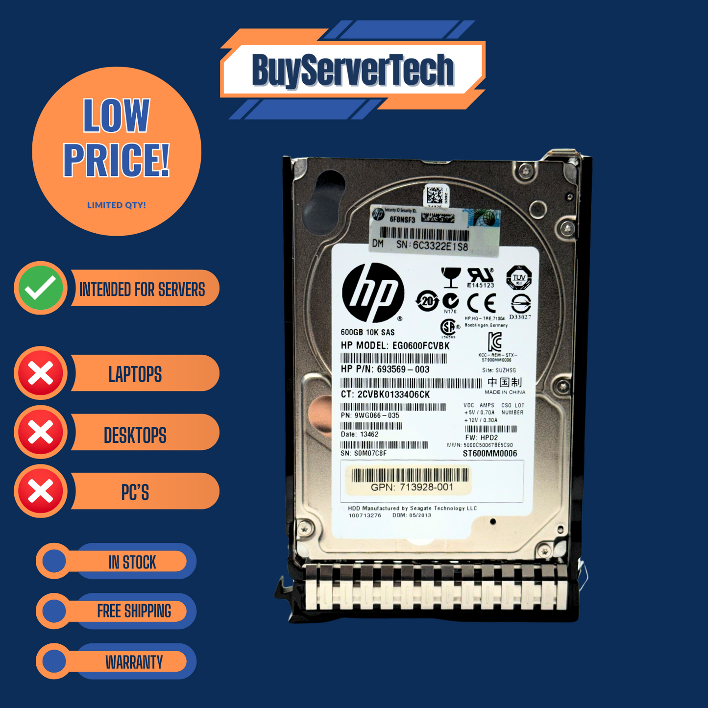 HP 652583-B21 600GB 10K 2.5" SAS 6G SFF HDD 653957-001 Smart Carrier G8 G9 G10