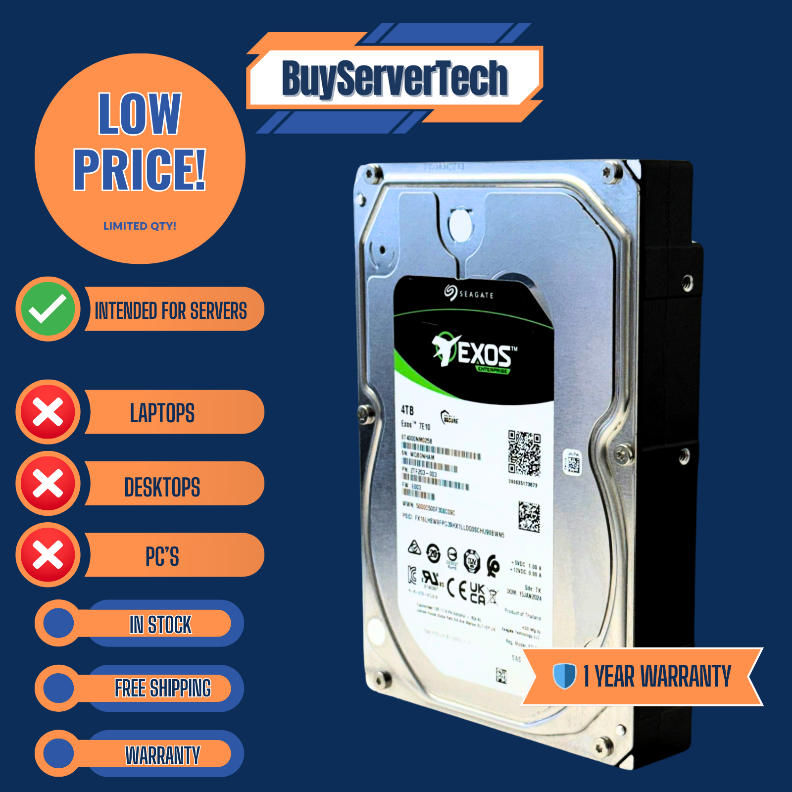 Seagate Exos 7E10 ST4000NM025B 4TB 7200RPM 256MB 3.5" SAS 12Gbps HDD | 1YR War