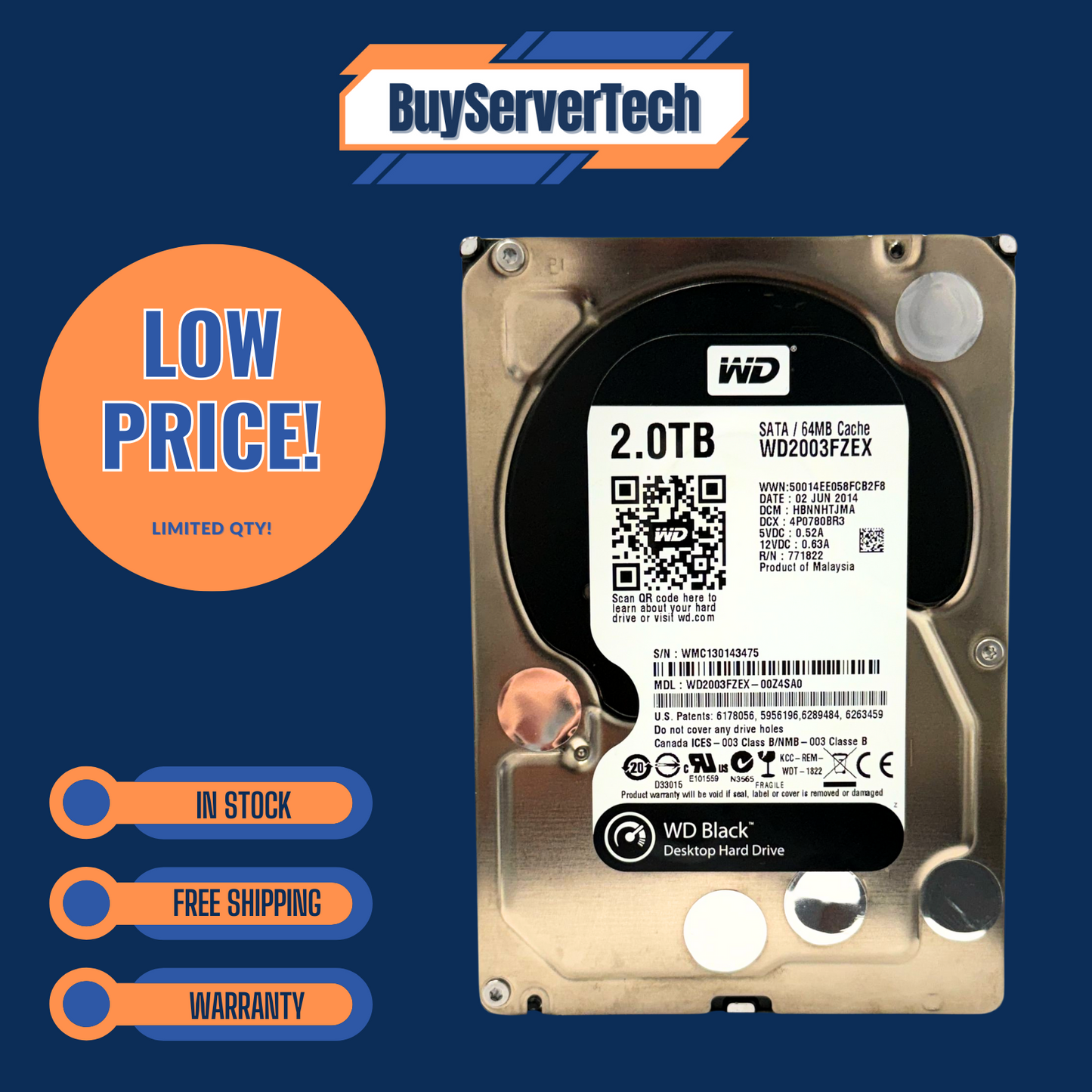 WD Black 2TB 7200RPM 3.5" SATA Internal Hard Drive (WD2003FZEX) Desktop HDD