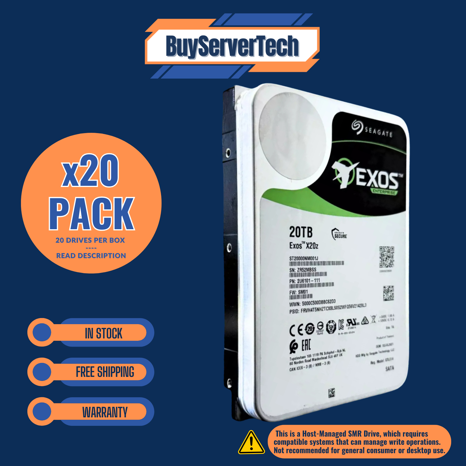 Lot of 20 Seagate Exos X20z 20TB ST20000NM001J 7.2k 3.5" SATA 6Gb/s SMR Ent HD