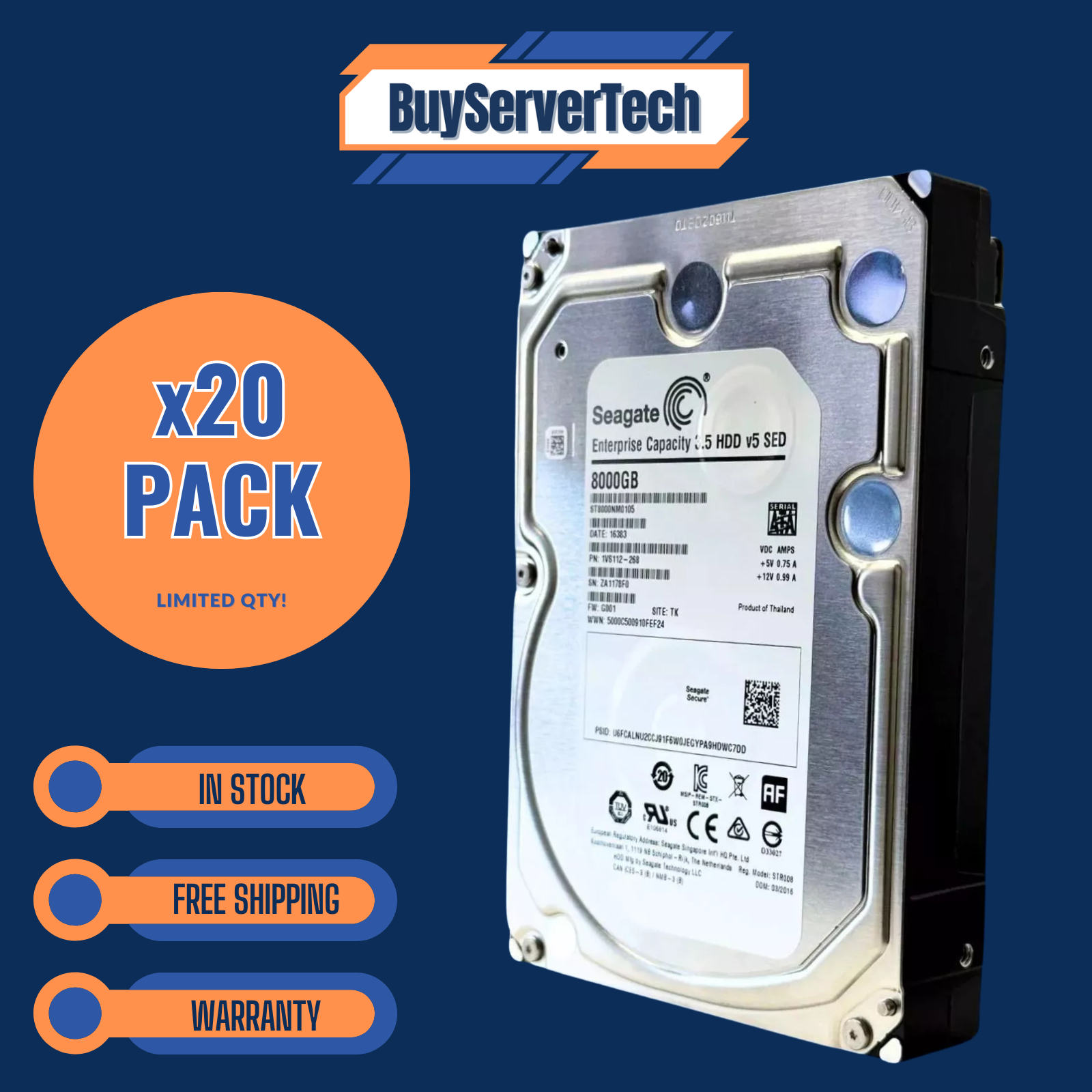 PACK OF 20 Seagate 8TB 7.2k 256MB SATA 6Gb/s 3.5 512e SED Ent HDD | ST8000NM01