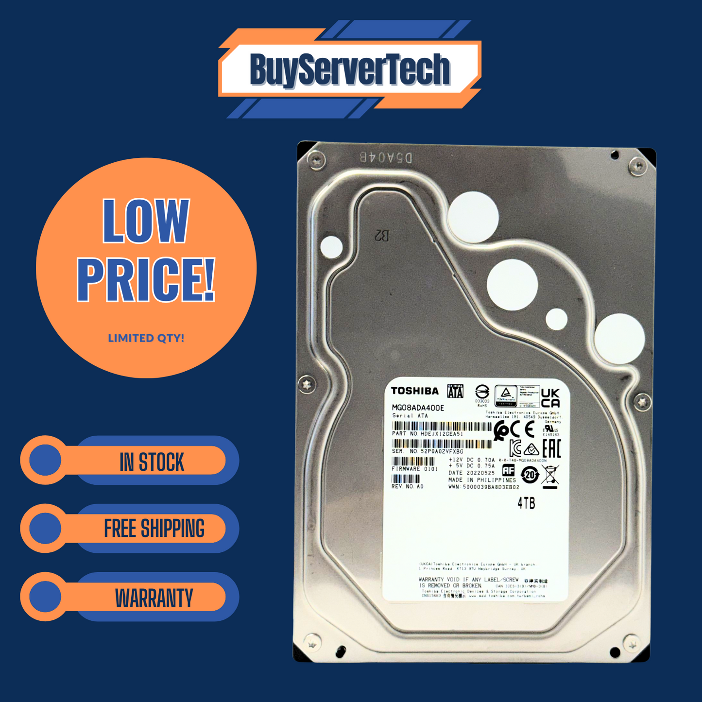 Toshiba MG08ADA400E 4TB 7200RPM 3.5" SATA 6Gb/s HDD 256MB 0HRS 512e Enterprise