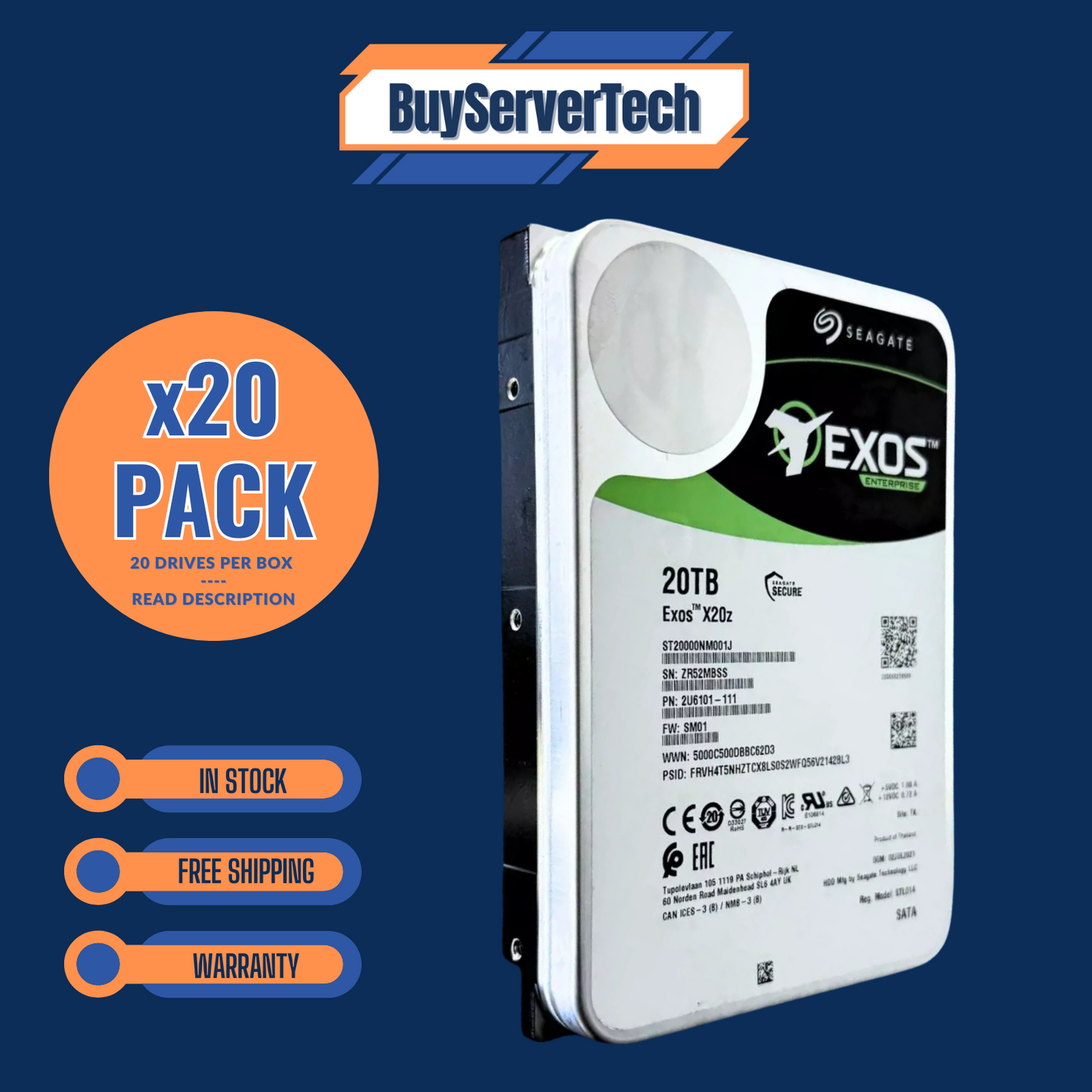 Lot of 20 Seagate Exos X20z 20TB ST20000NM001J 7.2k 3.5" SATA 6Gb/s SMR Ent HDD