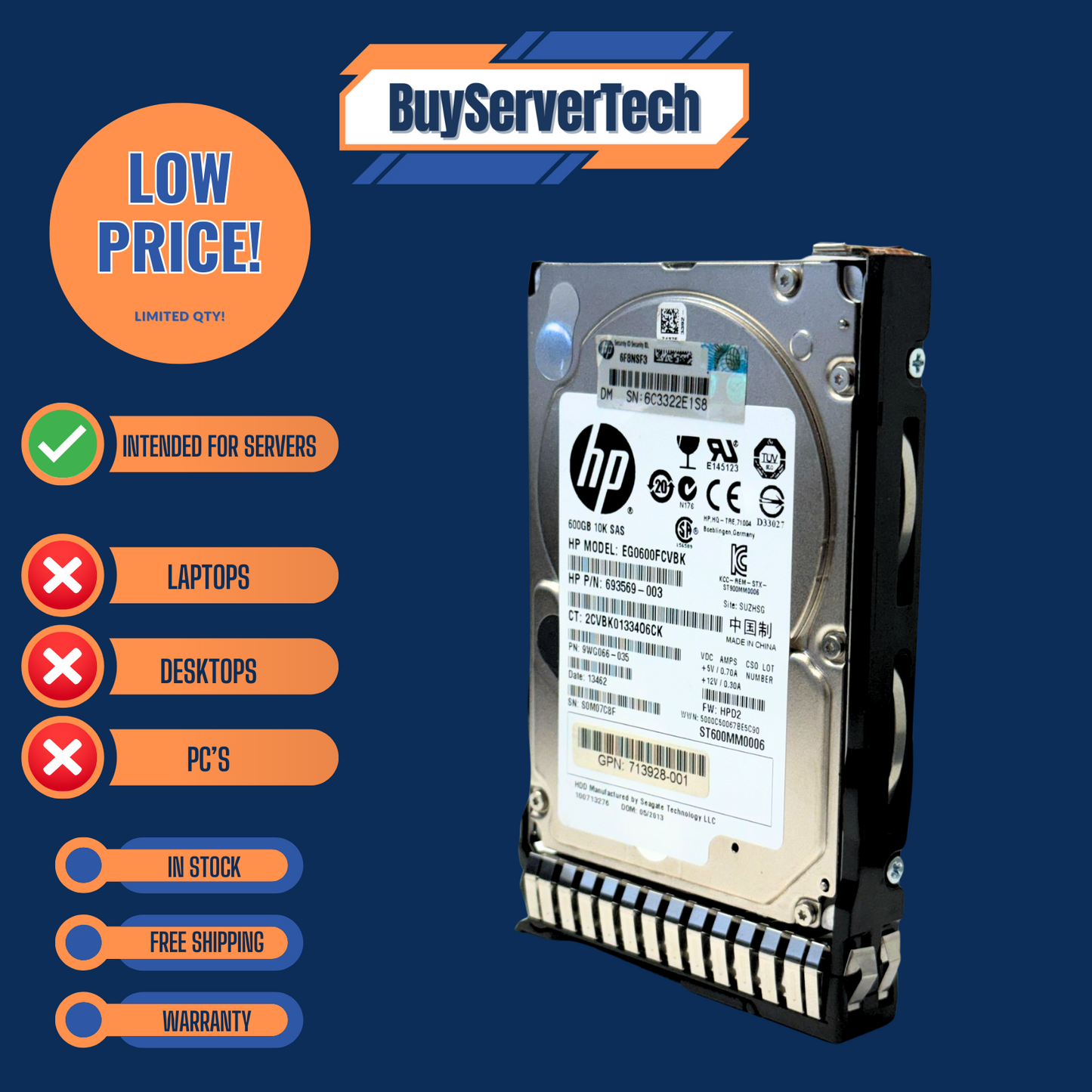 HP 652583-B21 600GB 10K 2.5" SAS 6G SFF HDD 653957-001 Smart Carrier G8 G9 G10