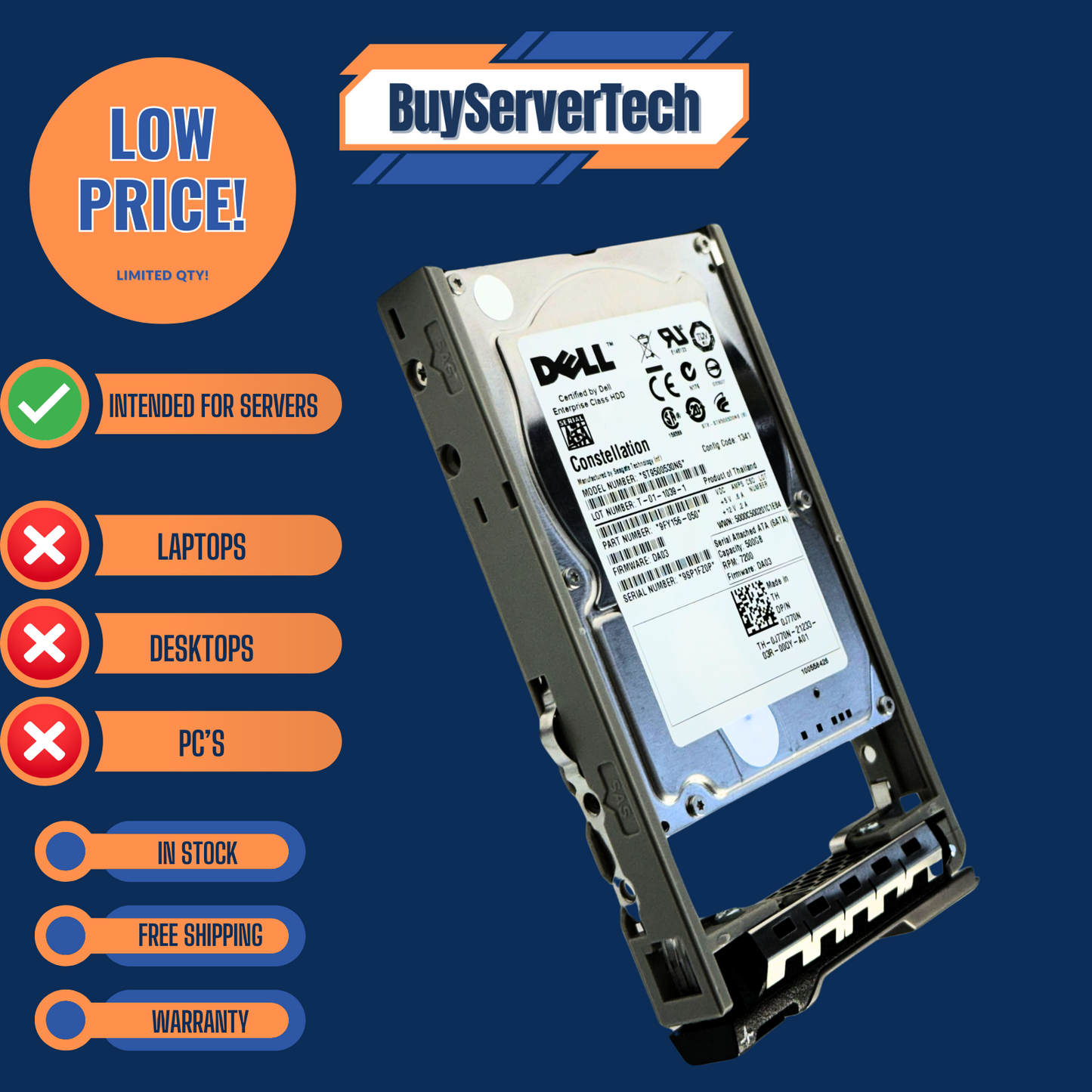 Dell J770N 500GB 7200RPM SATA 3Gbps 2.5" HDD | w/ Caddy | 0Hours 0J770N