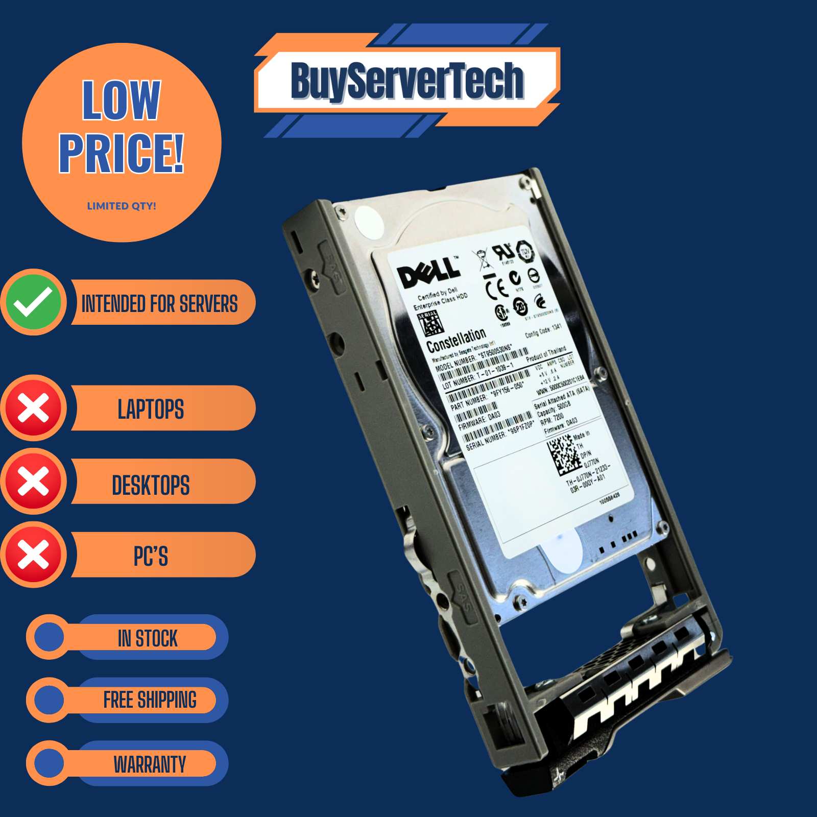 Dell J770N 500GB 7200RPM SATA 3Gbps 2.5" HDD | w/ Caddy | 0Hours 0J770N