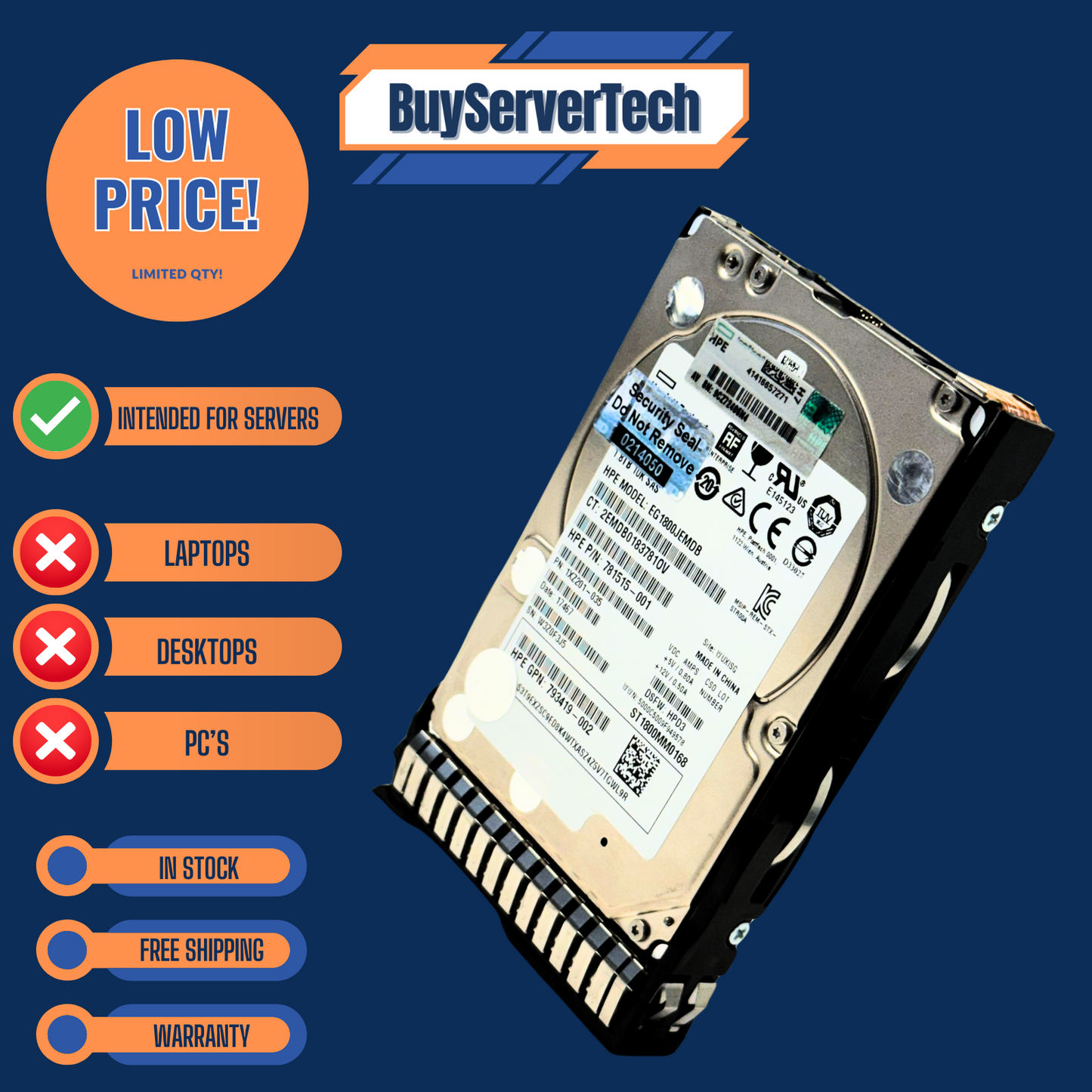 HPE 791034-B21 1.8TB 10K 12Gb/s SAS 2.5" HDD EG1800JEHMD | 791055-001 | 1YR