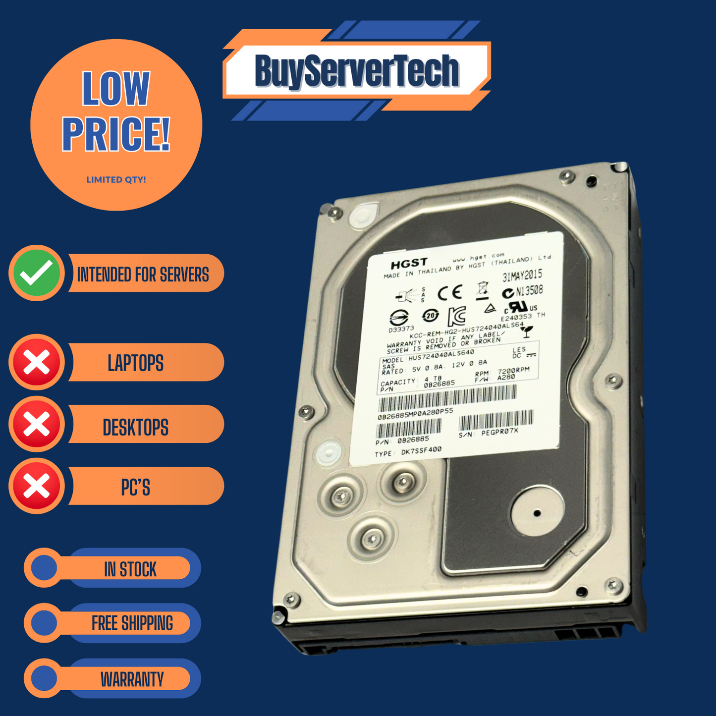 HGST HUS724040ALS640 4TB 7.2K 6Gb/s SAS 3.5" HDD | 0B26885 | Ultrastar 1 Yr Warr