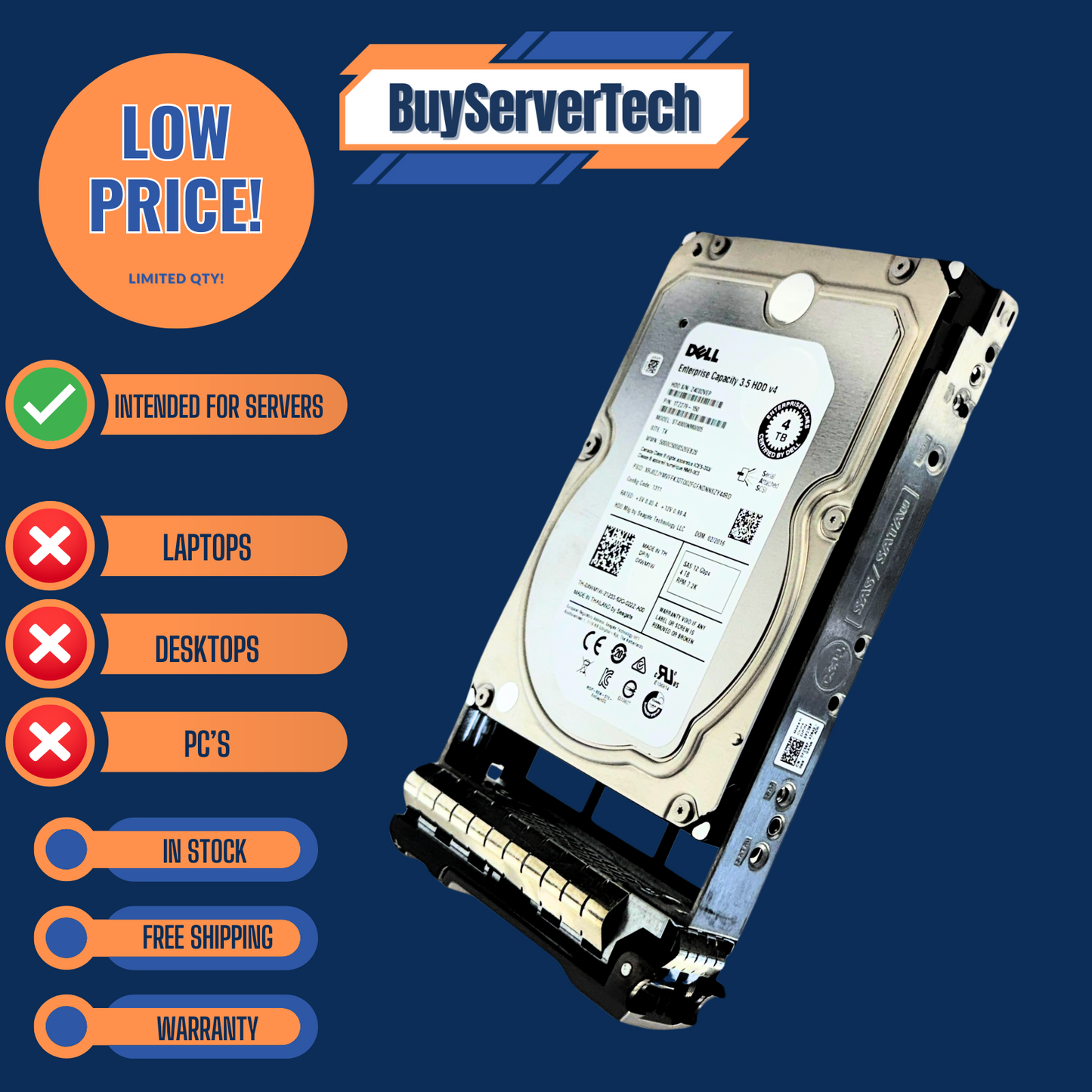 Dell XWM1W 4TB 7200RPM SAS 12Gbps 3.5" HDD | ST4000NM0005 | 0XWM1W - 1 Year War