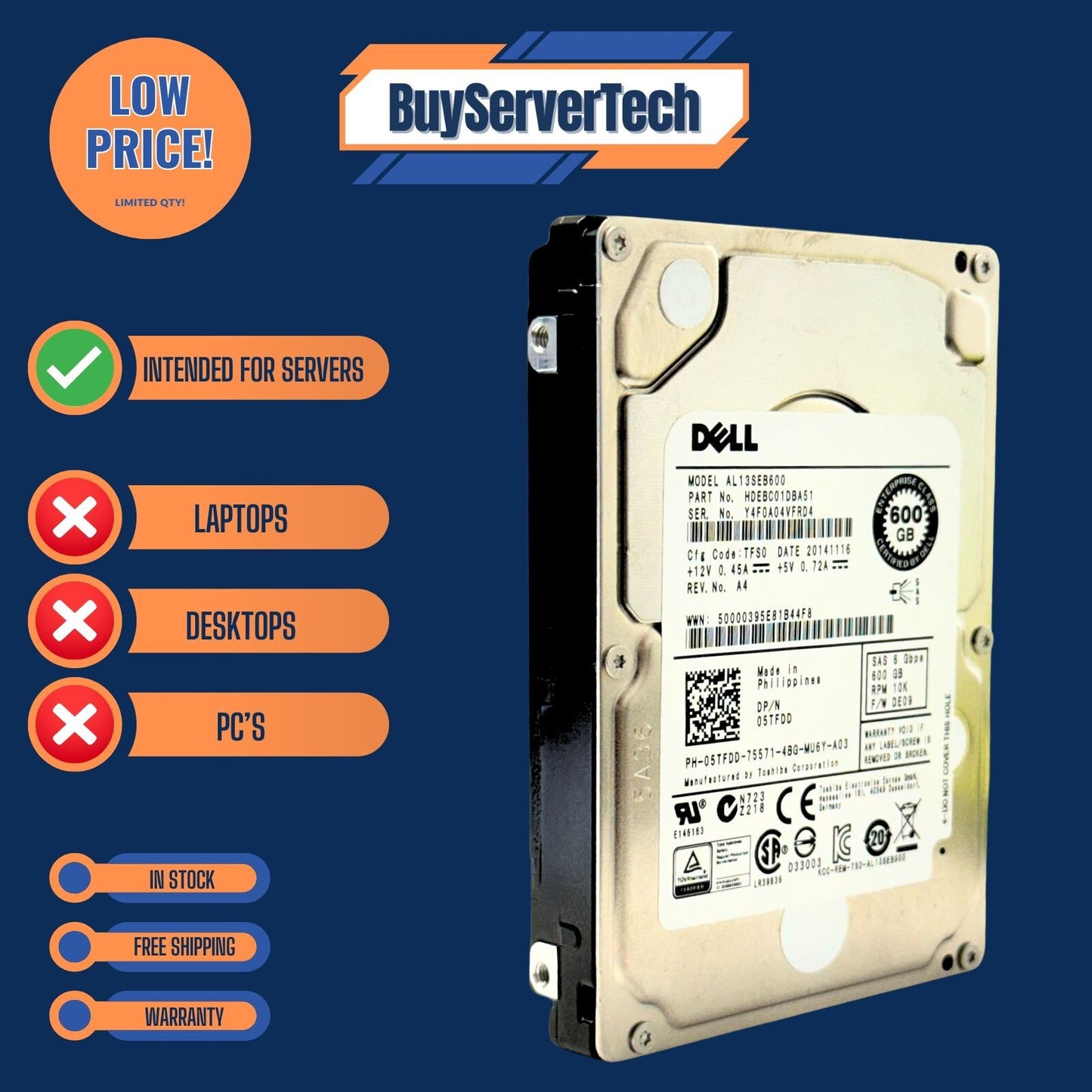Dell 05TFDD  600GB 10K RPM 6G 2.5" SAS SFF  5TFDD Enterprise HDD | New