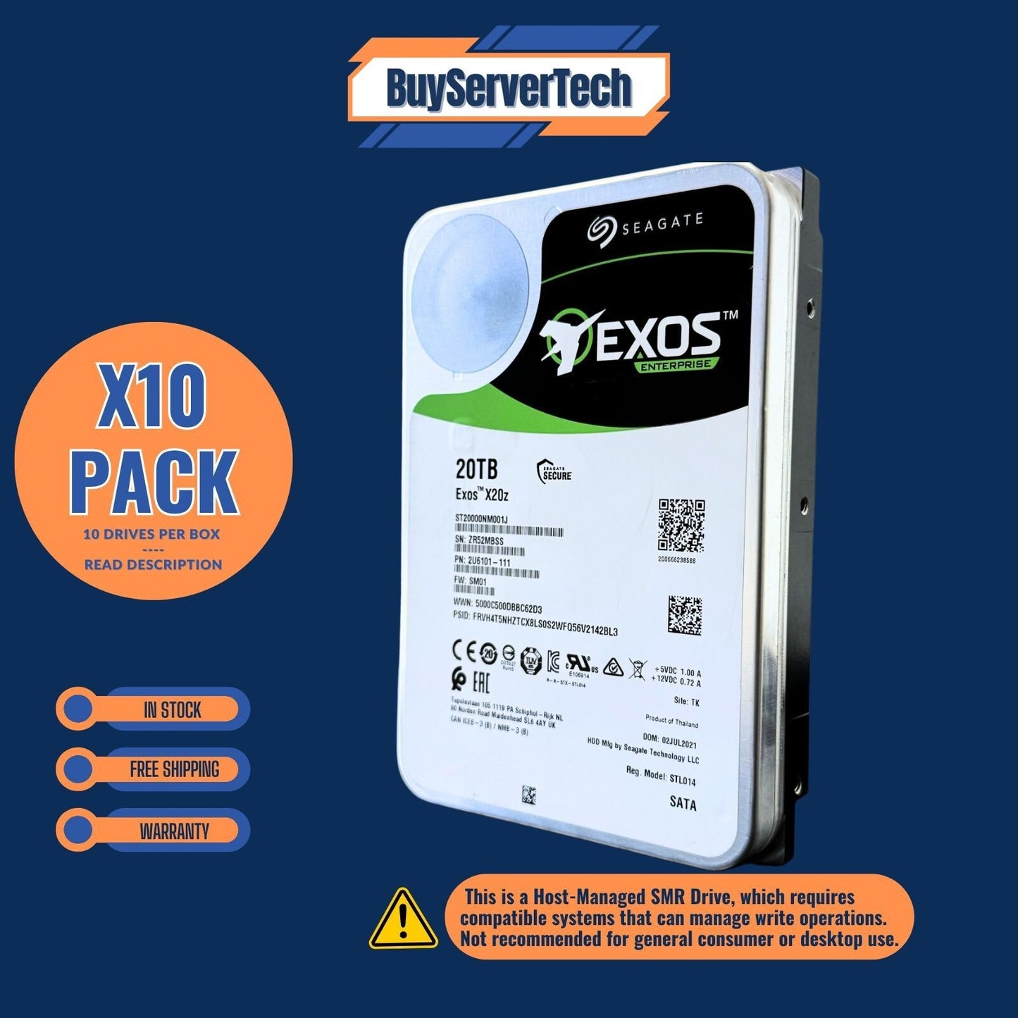 10 PACK Seagate Exos X20z 20TB ST20000NM001J 7.2k 3.5" SATA 6Gb/s SMR Ent HDD