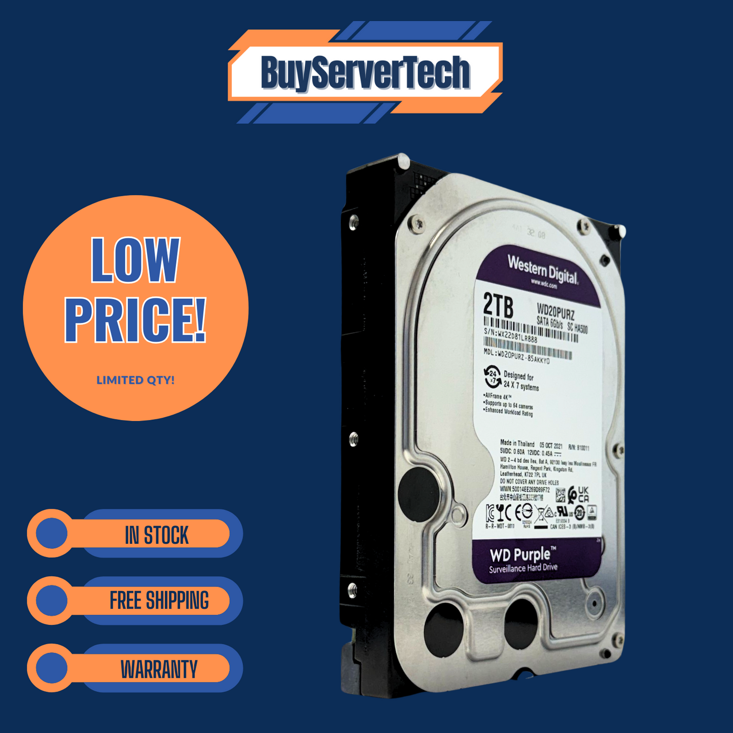 WD Purple 2TB 5400RPM 3.5" SATA HDD WD20PURZ 64MB Cache Surveillance Drive