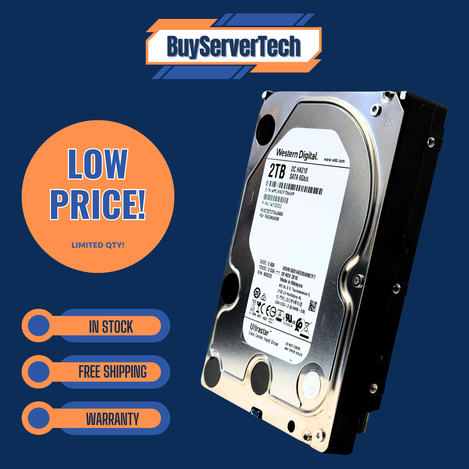 WD Ultrastar DC HA210 2TB 7200RPM SATA 6Gb/s 3.5" HDD HUS722T2TALA604 Hard Dri