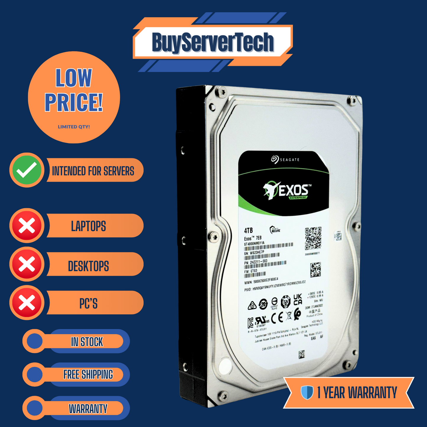 Seagate Exos 7E8 ST4000NM011A 4TB 7200RPM SAS 12Gb/s HDD | 256MB | SED | 1YR