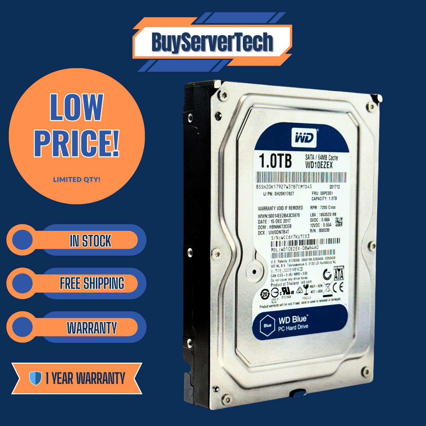 Western Digital WD10EZEX 1TB 7200RPM SATA 6Gb/s 64MB 3.5" HDD | Windows HD | 1YR