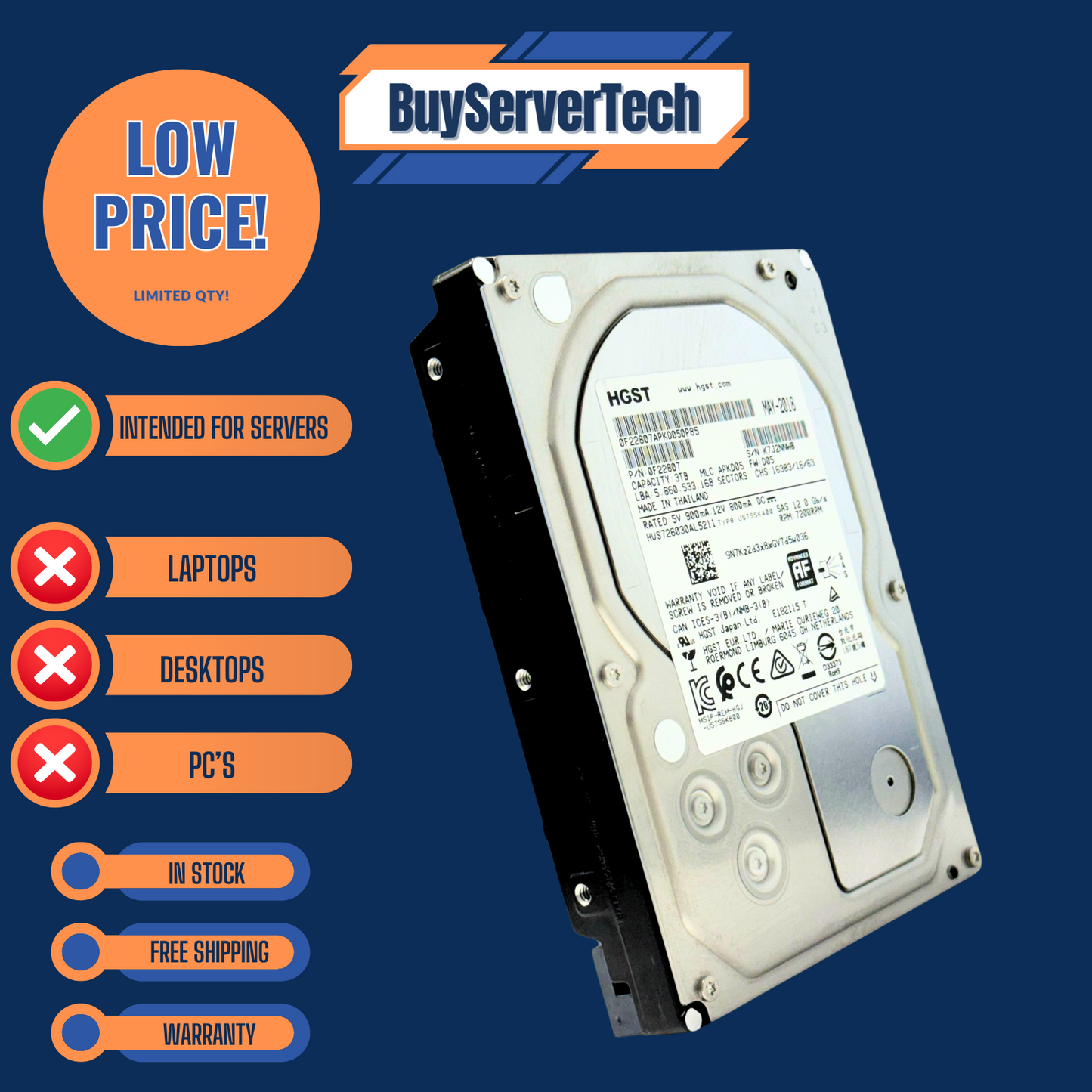 HGST 0F22807 3TB 7200RPM SAS 12Gbps 3.5" HDD | HUS726030AL5211 | 1YR Warranty