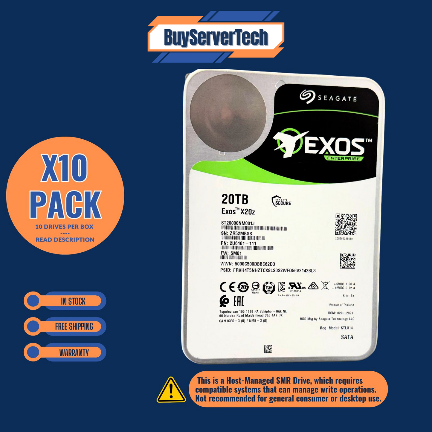 10 PACK Seagate Exos X20z 20TB ST20000NM001J 7.2k 3.5" SATA 6Gb/s SMR Ent HDD