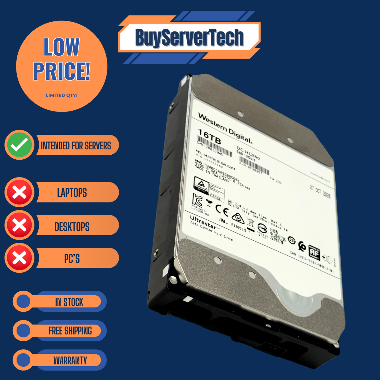 WD 0F38357 16TB HC550 7.2K SAS 3.5" HDD WUH721816AL5204 | Grade A | 1YR