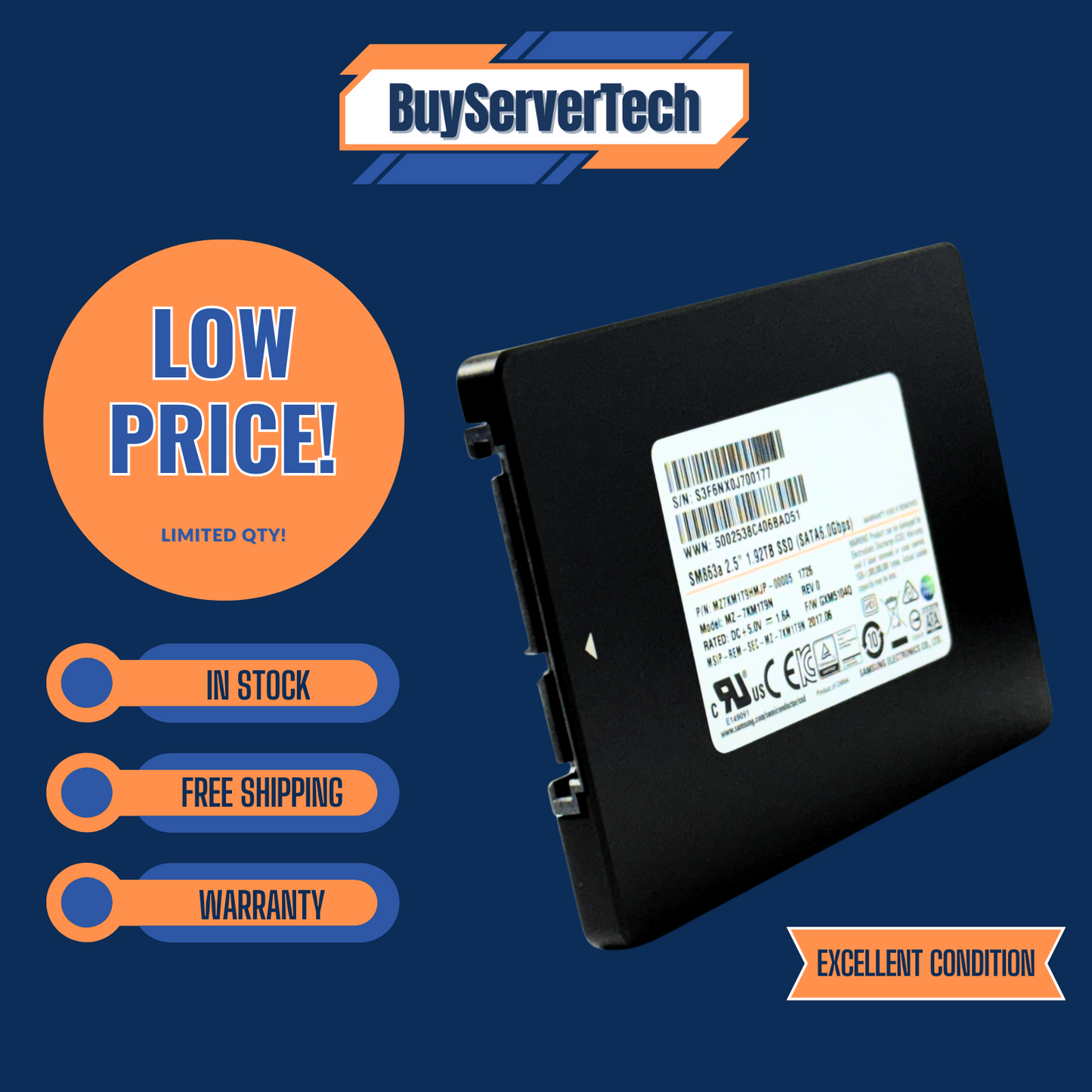 Samsung MZ7KM1T9HMJP 1.92TB SATA 2.5" SSD | SM863a | PLP | 95%+ Health | Grade A