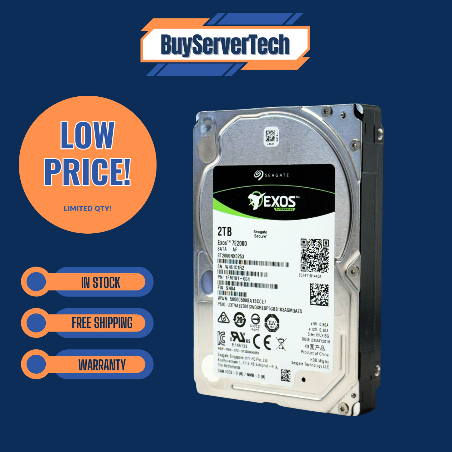 Seagate Exos ST2000NX0253 2TB 7200 128MB 6Gbs SATA 2.5" HDD | Grade A