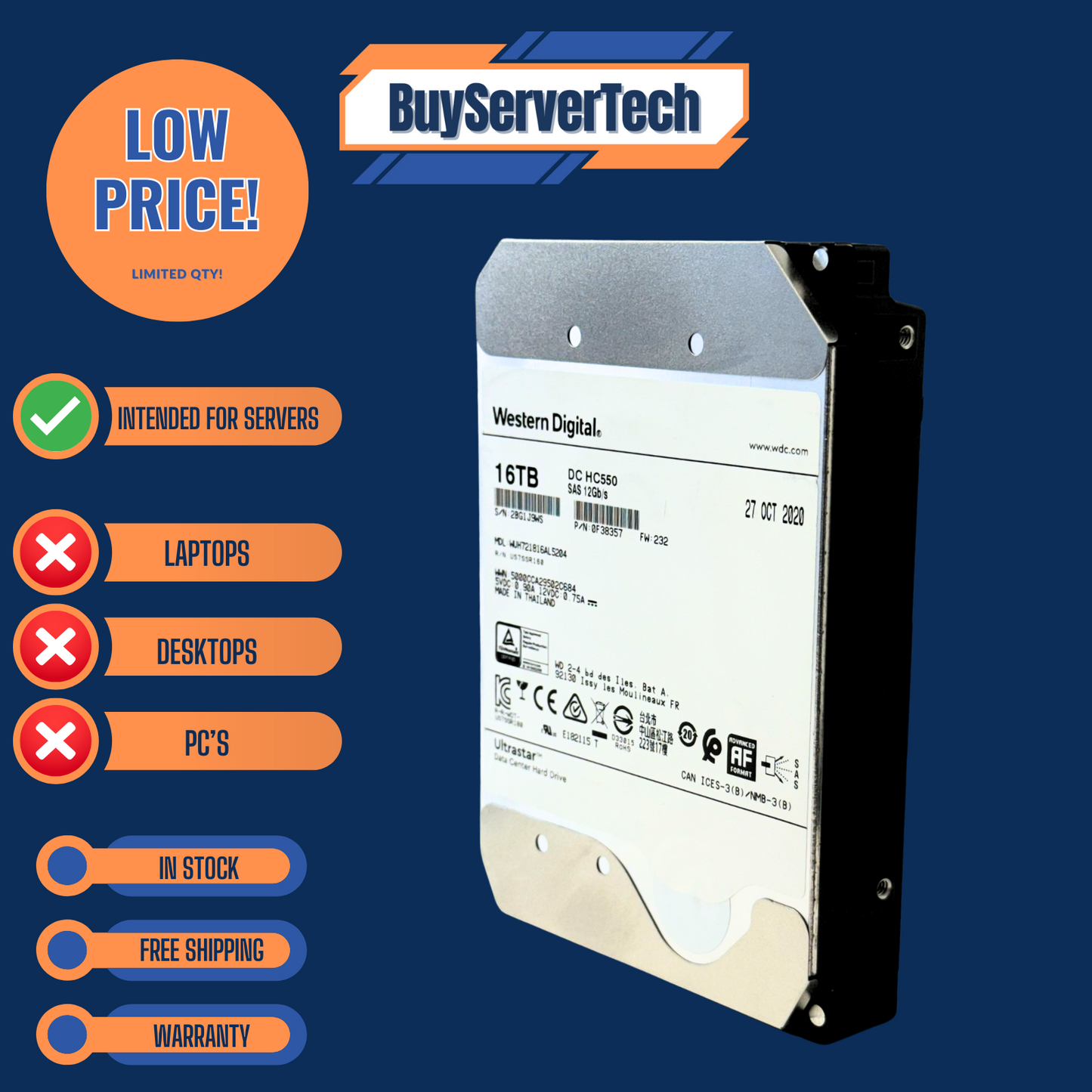 WD 0F38357 16TB HC550 7.2K SAS 3.5" HDD WUH721816AL5204 | Grade A | 1YR