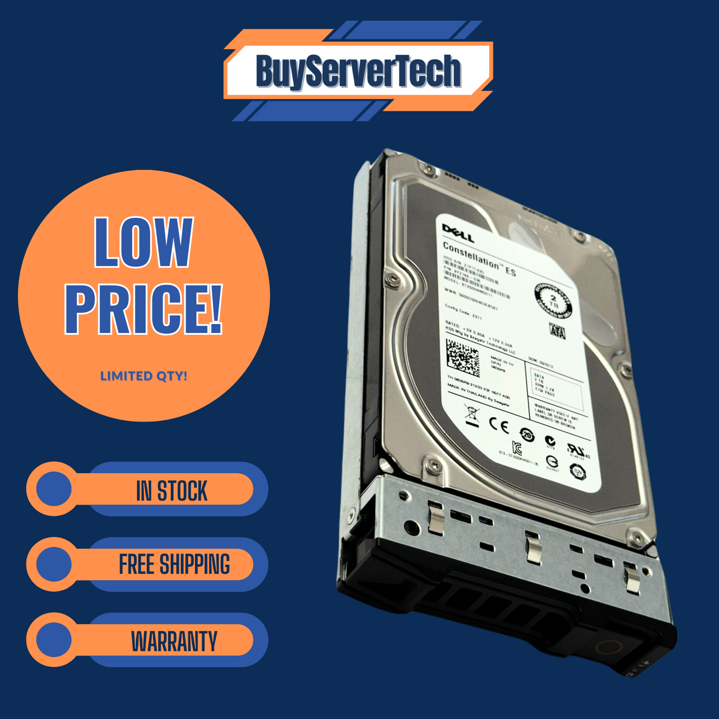Dell 835R9 0835R9 2TB 7200RPM 6Gbps SATA 3.5" HDD | Hot-Plug Tray