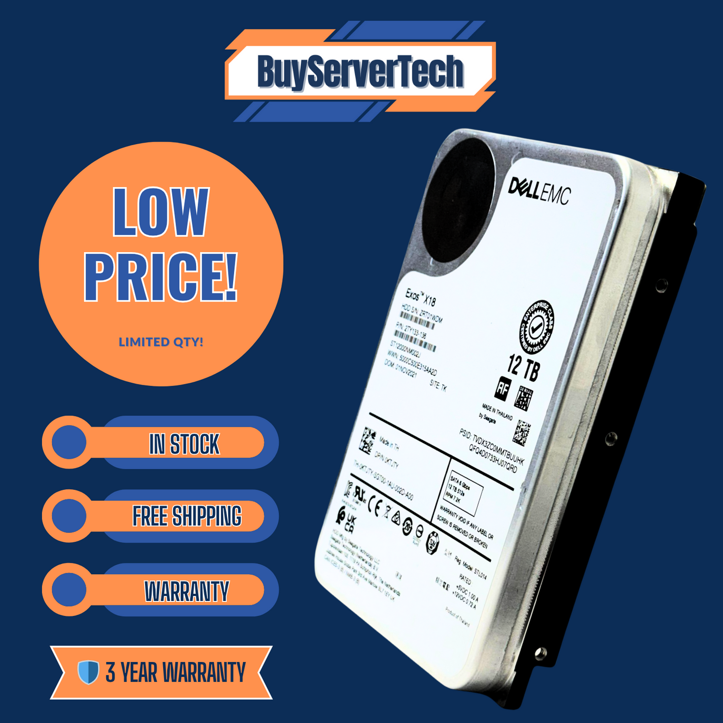 Dell / Seagate KTJTY 12TB 7200RPM 6Gb/s 3.5" SATA HDD - 0KTJTY | 0 Hours | 3 Yr