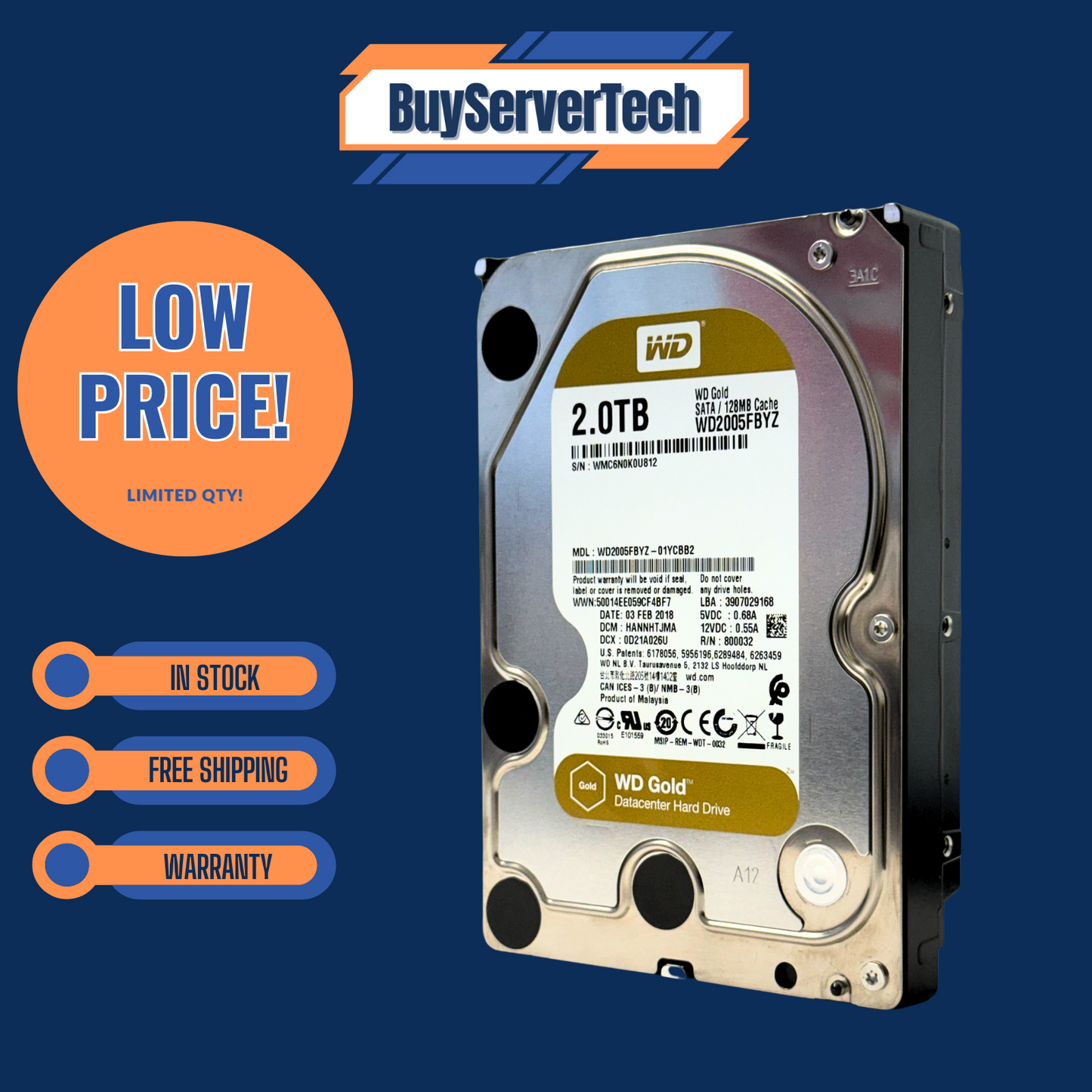 WD Gold WD2005FBYZ 2TB 7200RPM 3.5" SATA 6Gb/s Enterprise Hard Drive – 90-Day Warranty
