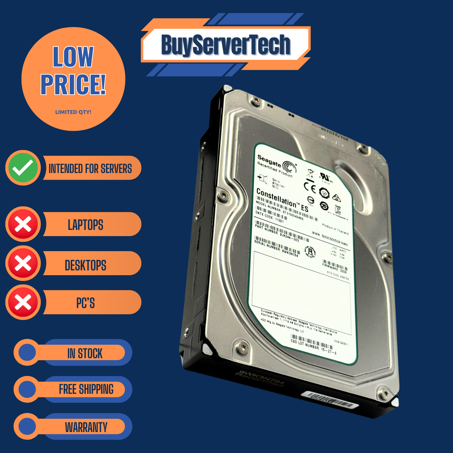 Seagate ST31000424SS 1TB 7200RPM SAS 6Gbps 3.5" HDD | 9JX244-003 | 0 Hours | 1YR