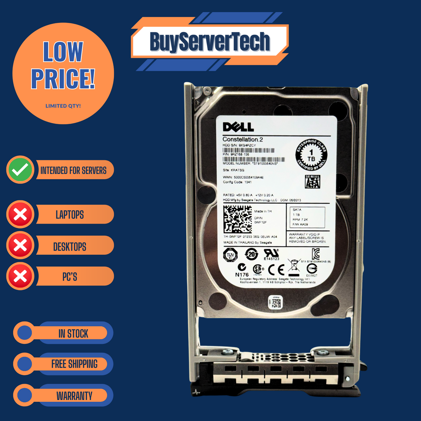 Dell 0WF12F 1TB 7200RPM SATA 2.5" 6Gb/s HDD R610 R620 R630 R710 R720 R730