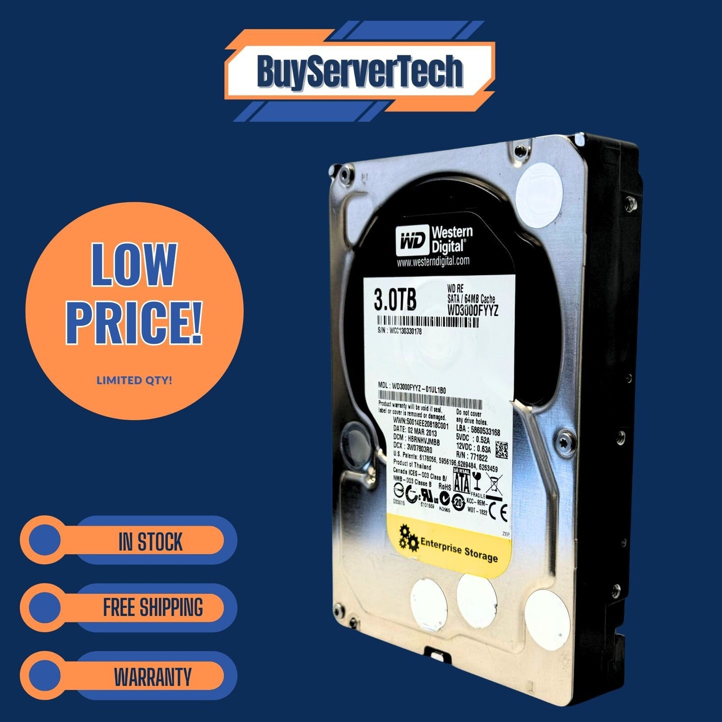 WD RE 3TB 7200RPM 6Gb/s 3.5" SATA HDD WD3000FYYZ 64MB Cache Enterprise Zero Hour