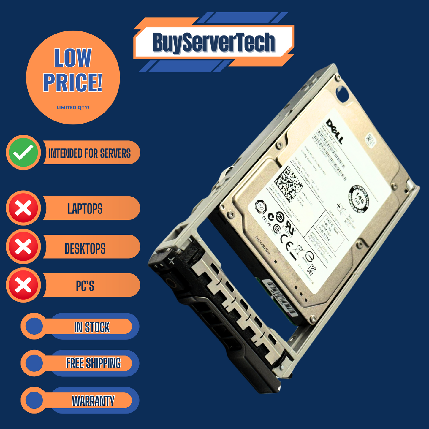 Dell X162K 0X162K 146GB 15K 2.5" SAS 6Gbps HDD| 2 Tray Options |
