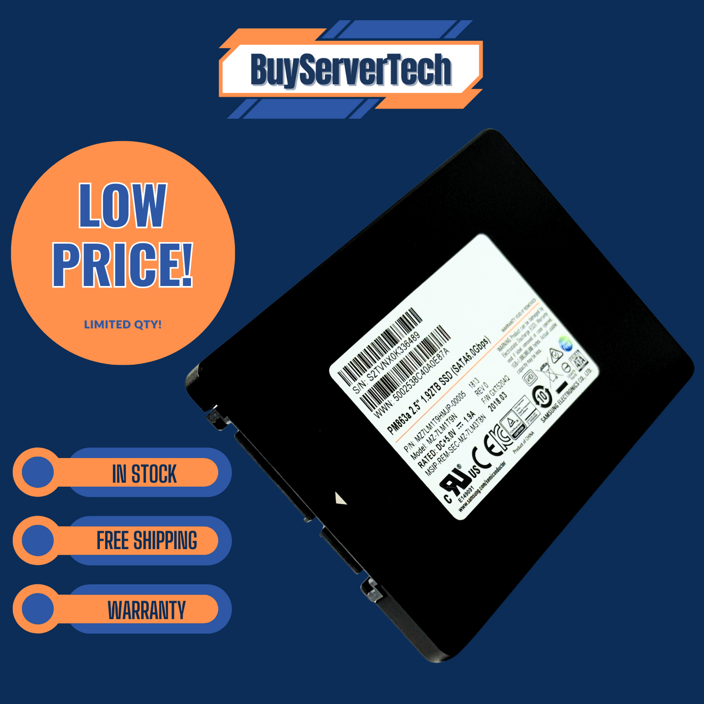 Samsung PM863A 1.92TB SATA SSD MZ7LM1T9HMJP GXT5204Q | Grade A | 1YR