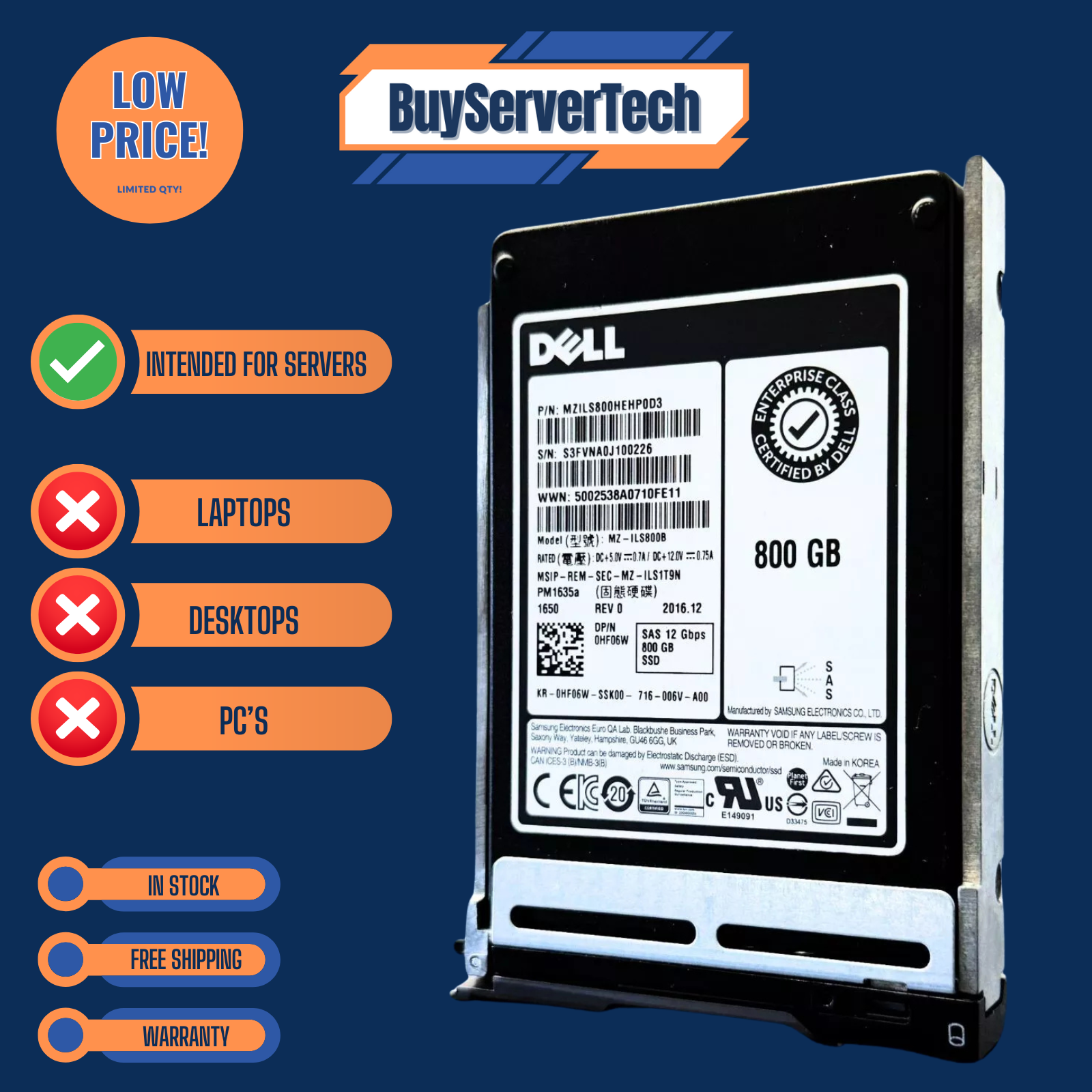 Dell 0HF06W 800GB 12G SAS 2.5" SSD SFF MU Hot-Swap R Series Server Drive | NEW