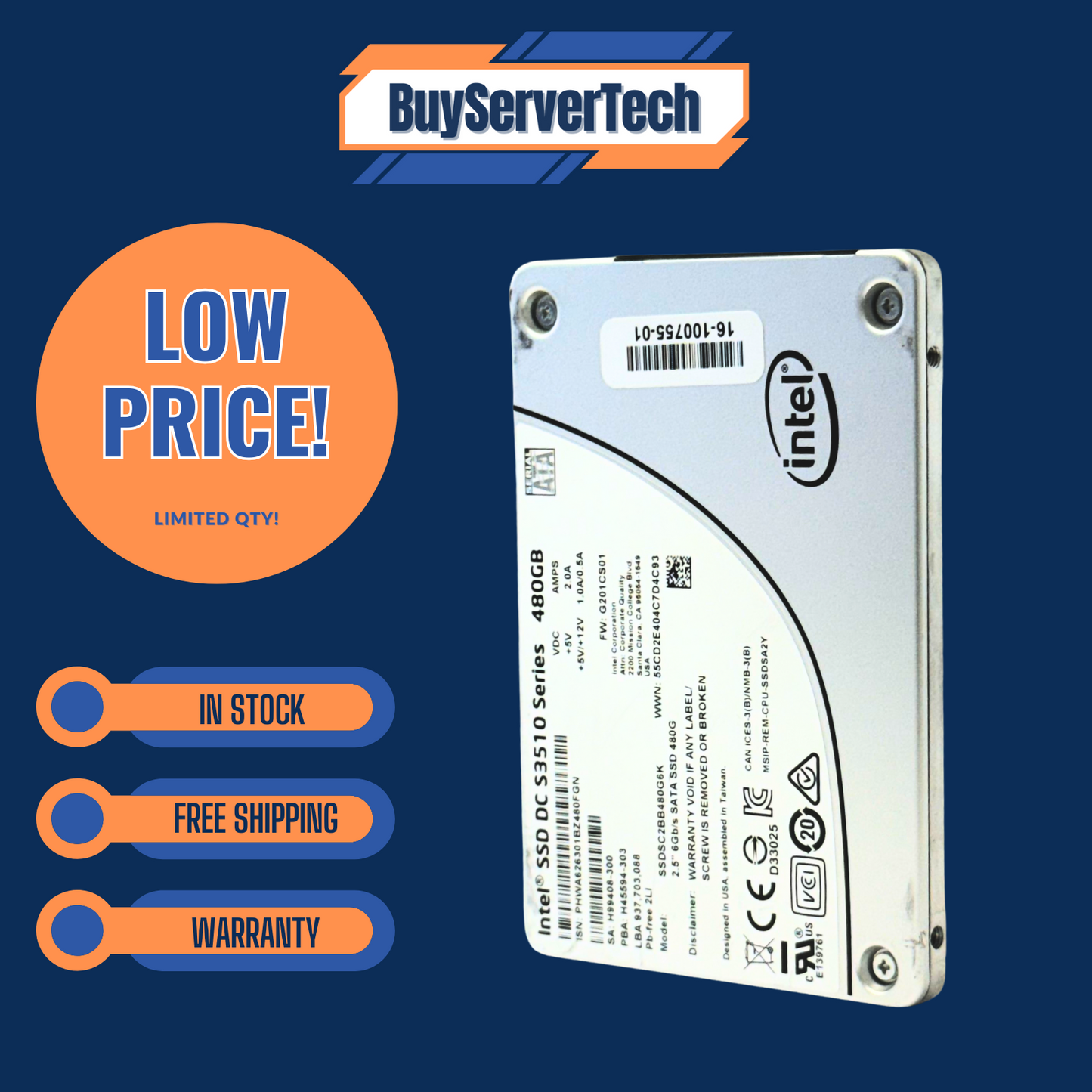 Intel SSDSC2BB480G6K 480GB SATA 2.5" SSD S3510 Series | Grade A | 180 Day Warr