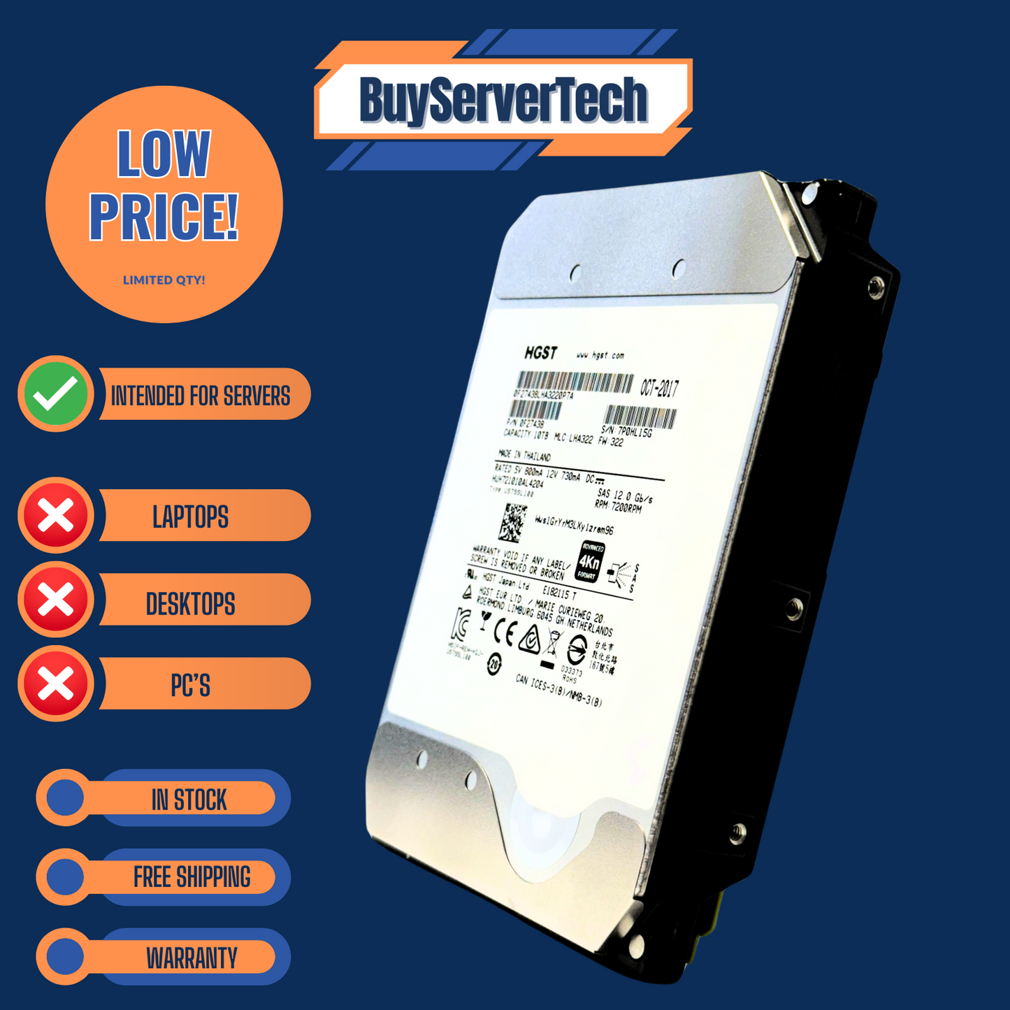 HGST Ultrastar 10TB 7200RPM 3.5" SAS 12Gb/s HDD HUH721010AL4204 Enterprise