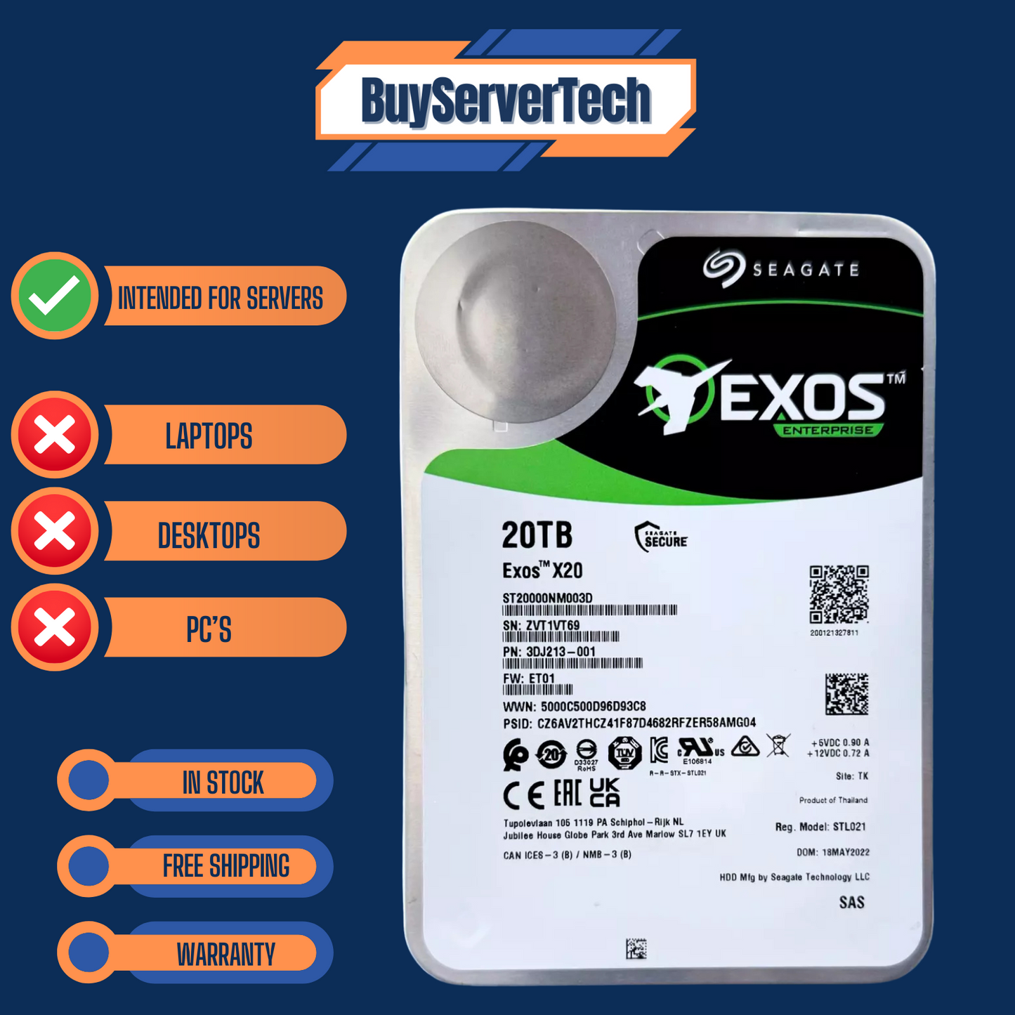 Seagate Exos X20 ST20000NM003D 20TB 7200RPM 12Gb/s SAS 3.5" Enterprise HDD