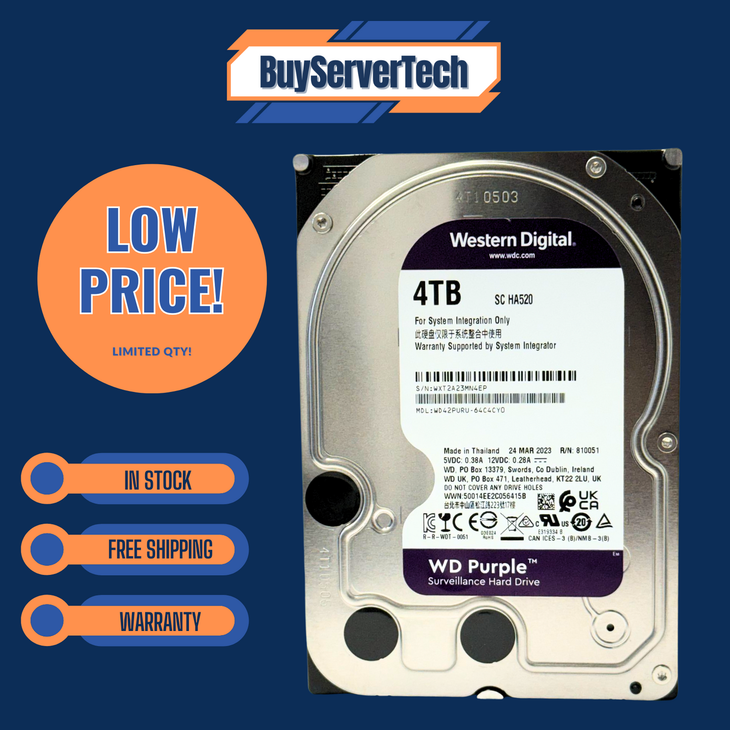 WD Purple WD42PURU 4TB 5400RPM 3.5" SATA HDD 256MB Cache AI DVR NVR 0HRS