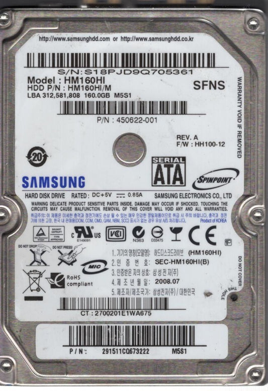 HM160HI Samsung Hd 160GB Sata 2.5 9Mm 5400RPM