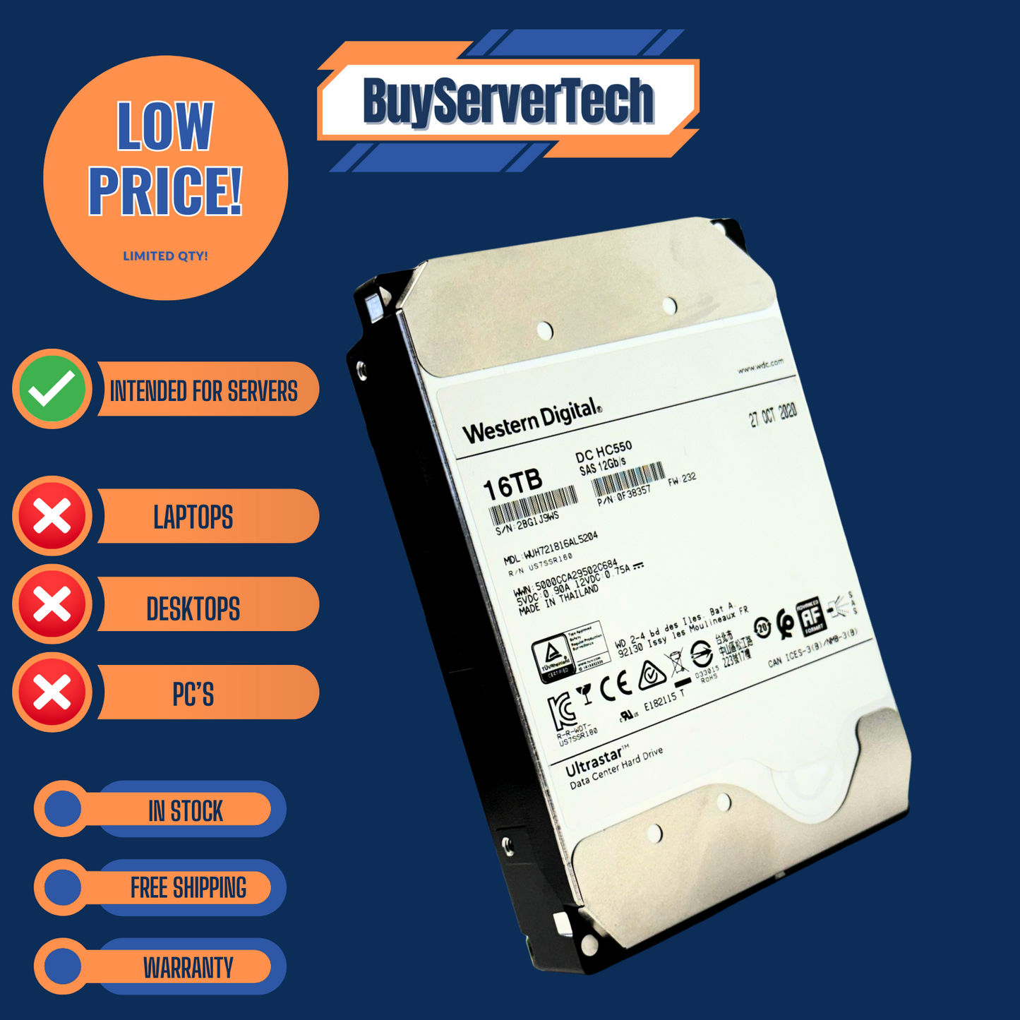 WD 0F38357 16TB HC550 7.2K SAS 3.5" HDD WUH721816AL5204 | Grade A | 1YR
