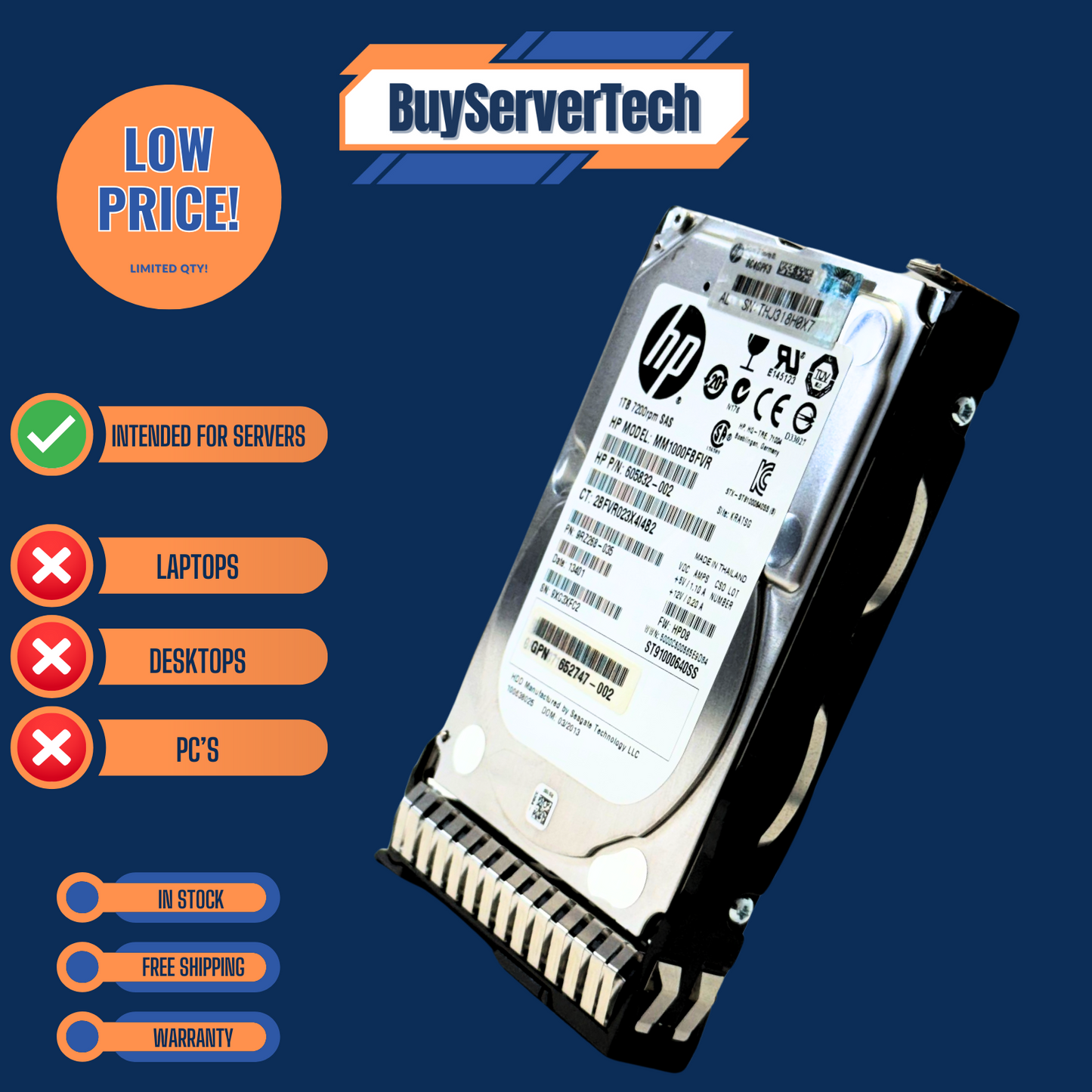 HP 1TB 6G SAS 7.2K SFF SC MDL G8 G9 HDD 652749-B21 653954-001 2.5 drive W/ Tray