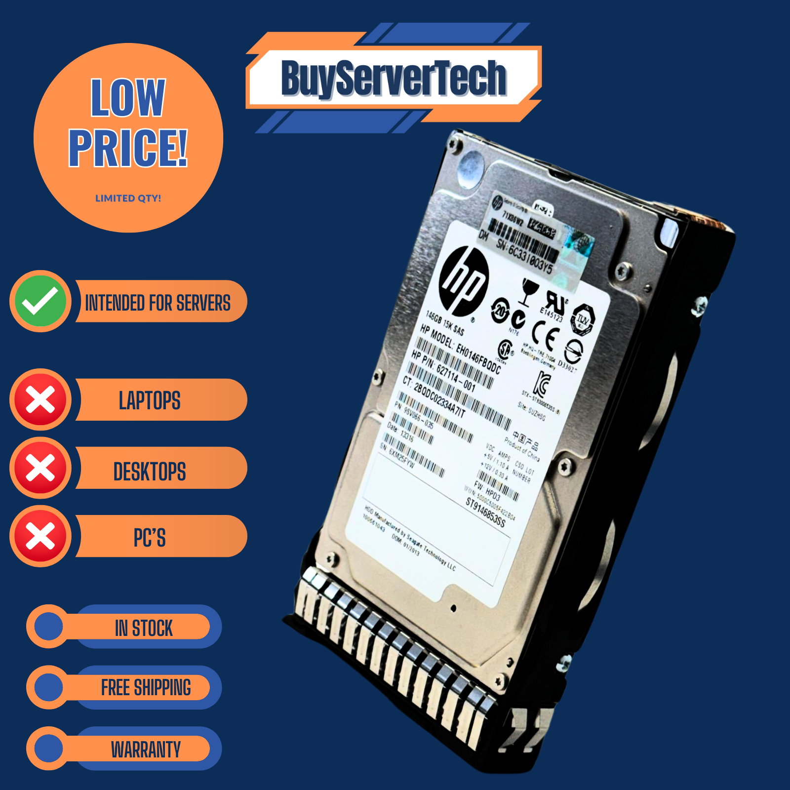 HP 652605-B21 146GB 15K SAS 6Gbps 2.5" HDD G8 G9 Enterprise 653950-001 | 0HRS